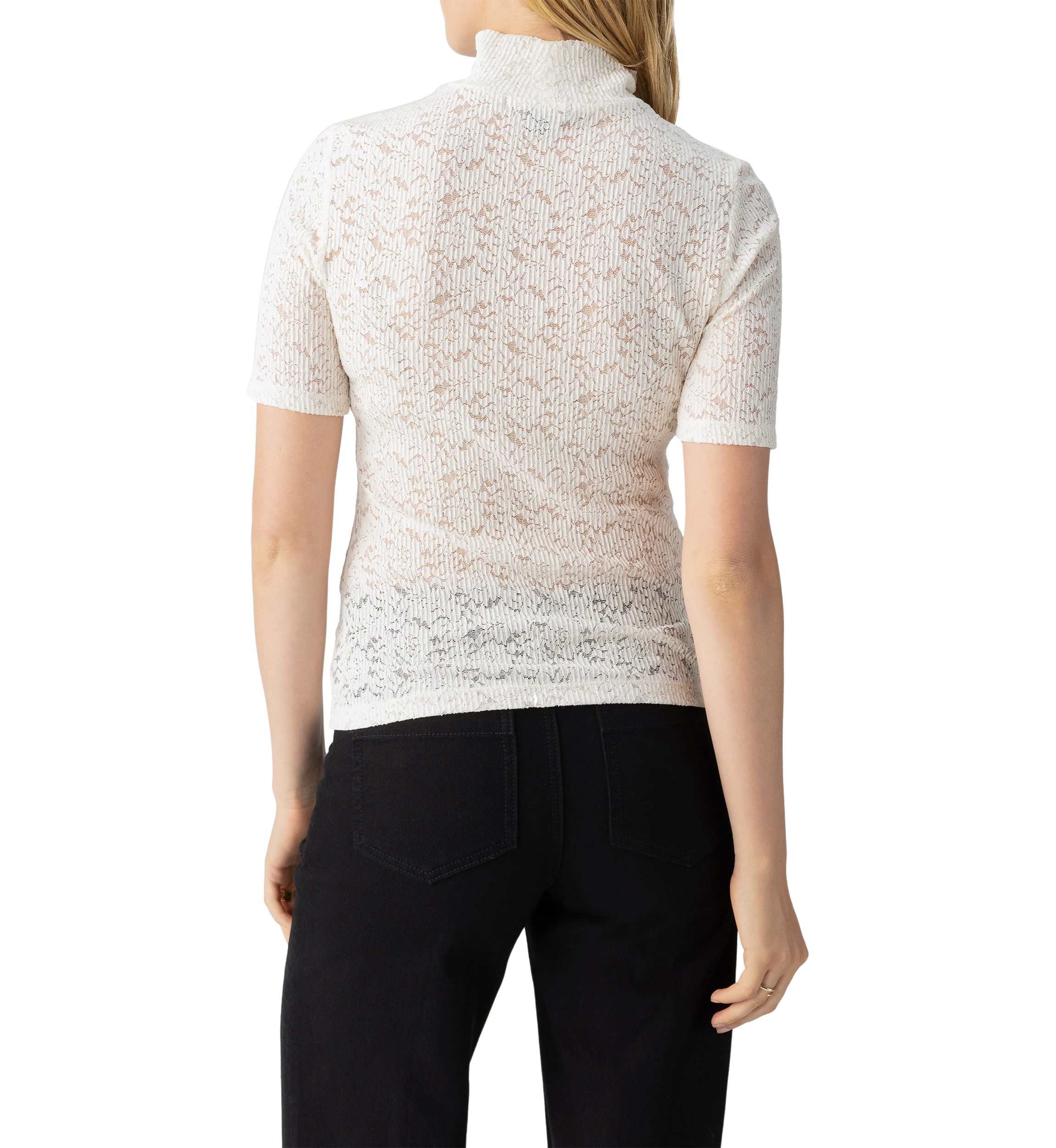 Womens Short Sleeve Lace Mock Neck Top