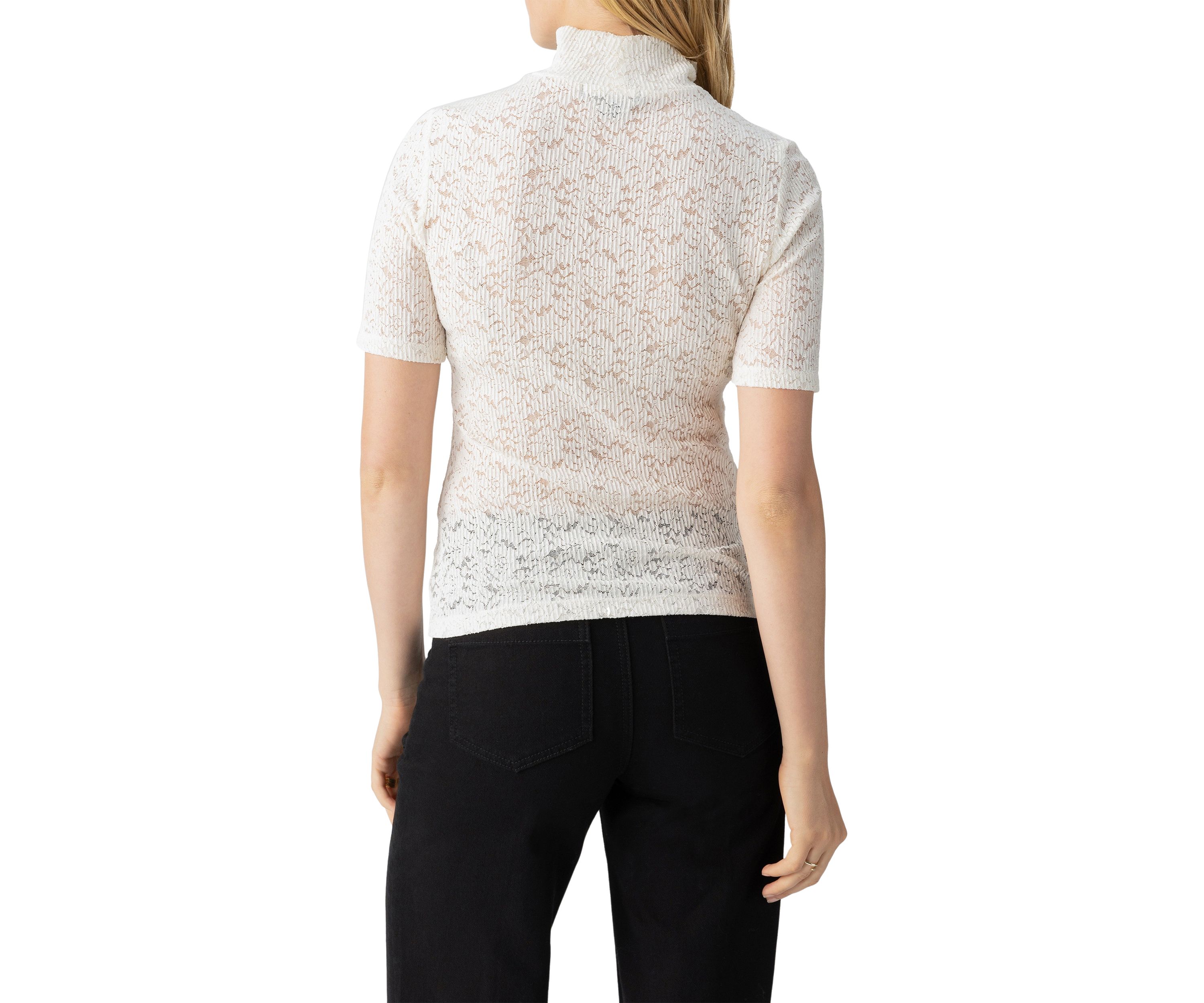 Womens Short Sleeve Lace Mock Neck Top