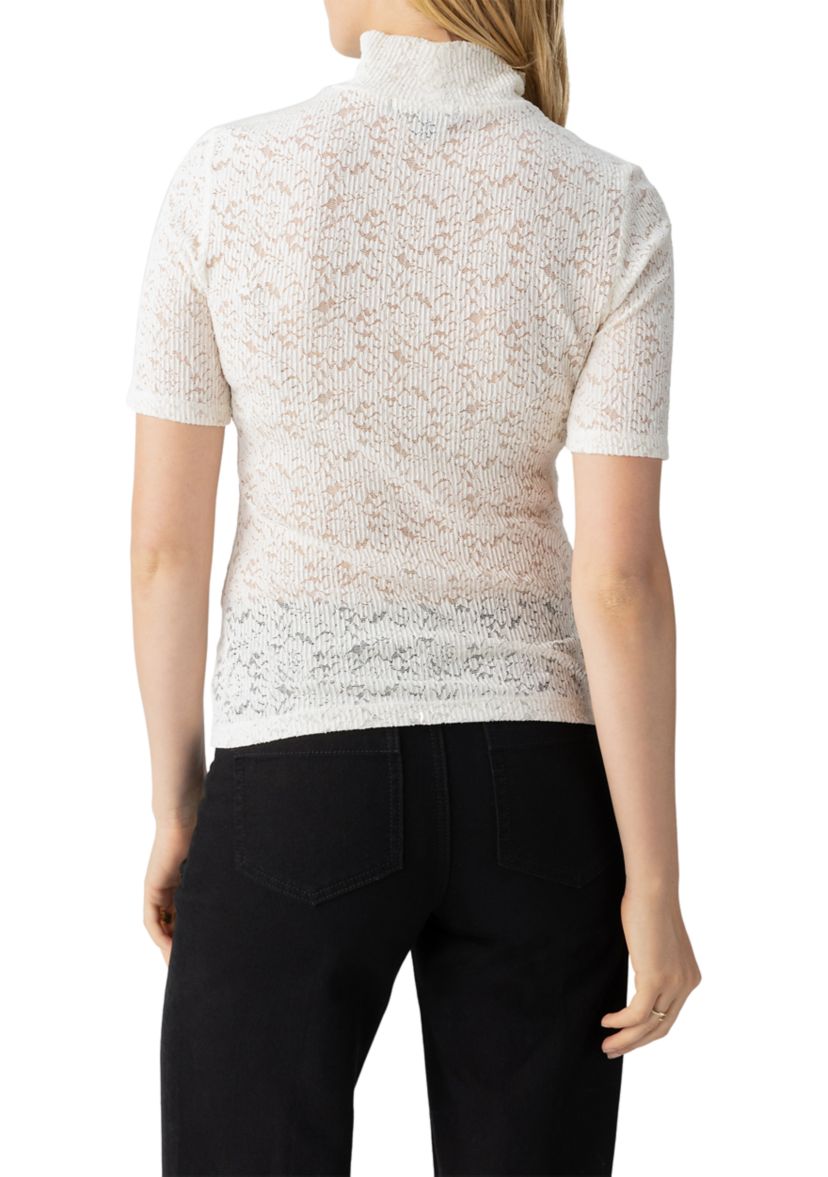 Womens Short Sleeve Lace Mock Neck Top
