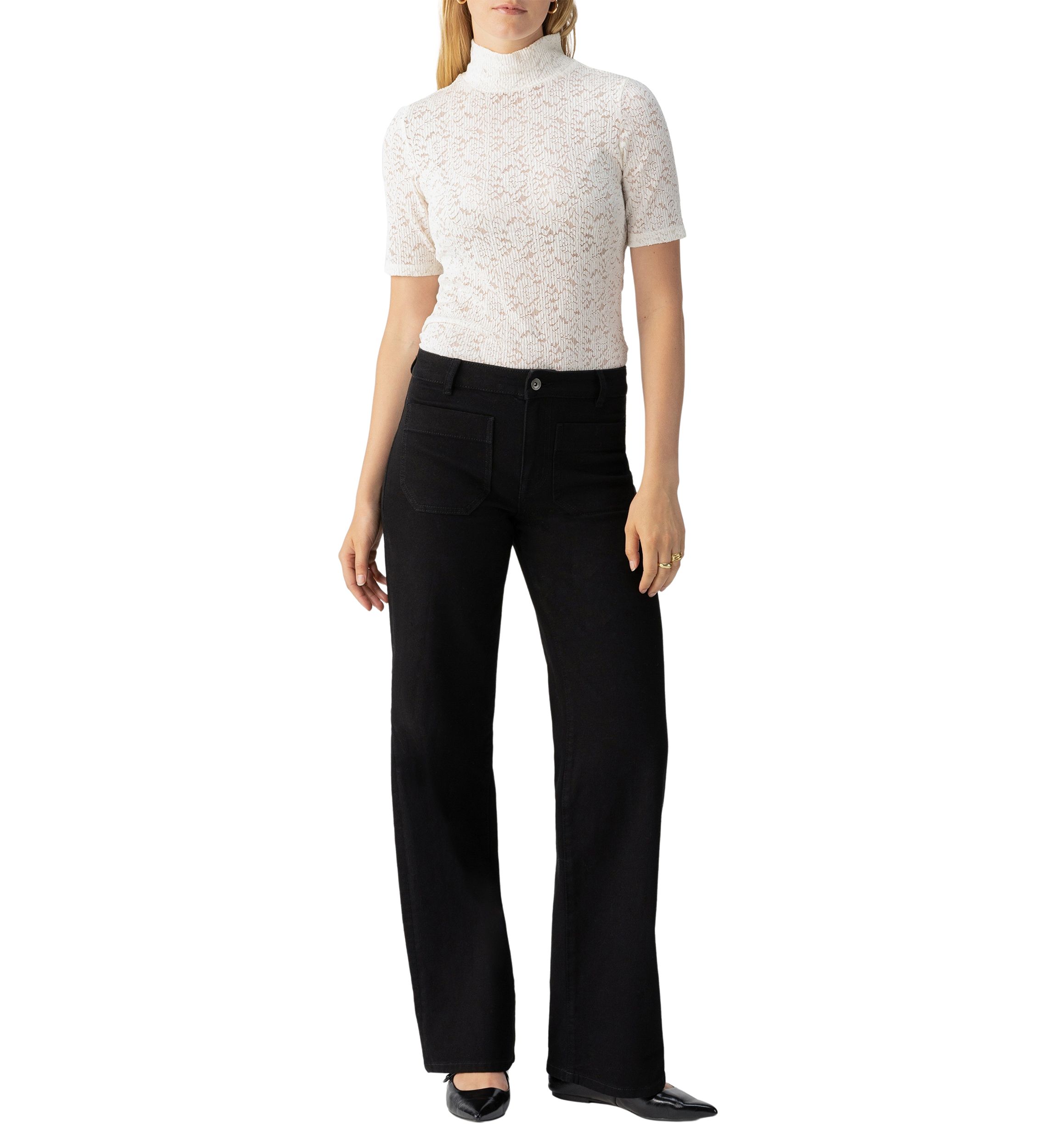 Womens Short Sleeve Lace Mock Neck Top