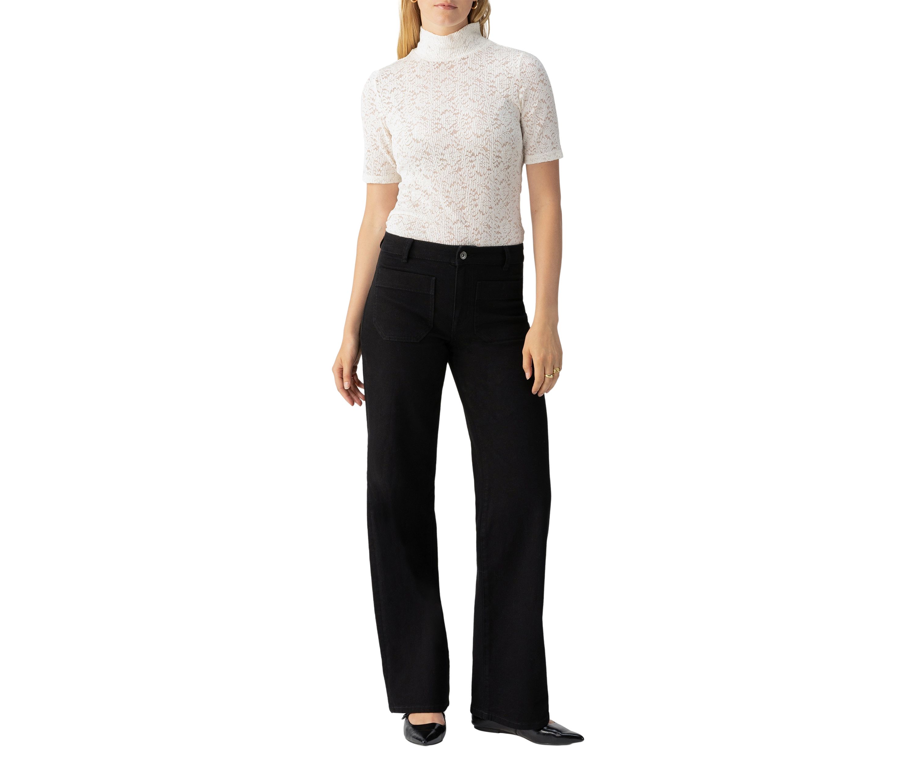 Womens Short Sleeve Lace Mock Neck Top