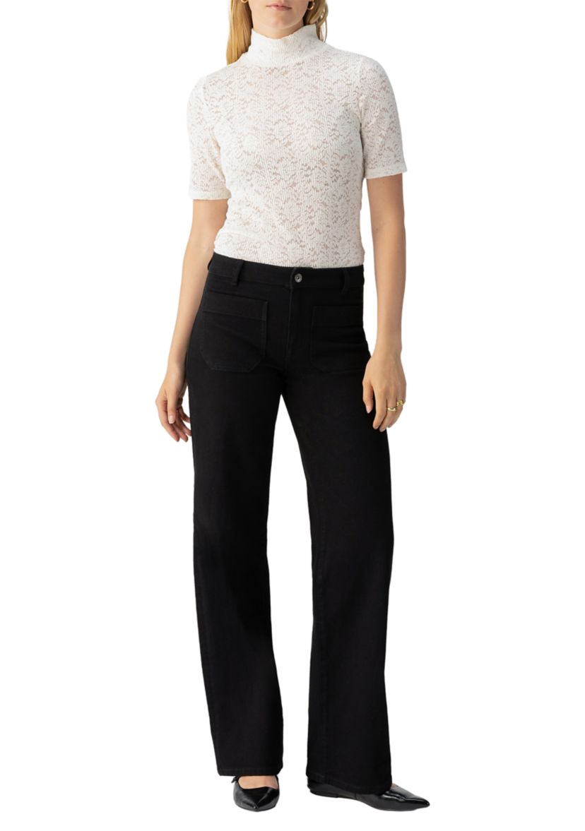 Womens Short Sleeve Lace Mock Neck Top