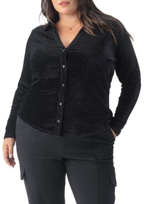 Sanctuary Women's Plus Size Textured Velvet Button Top, Black, 3X