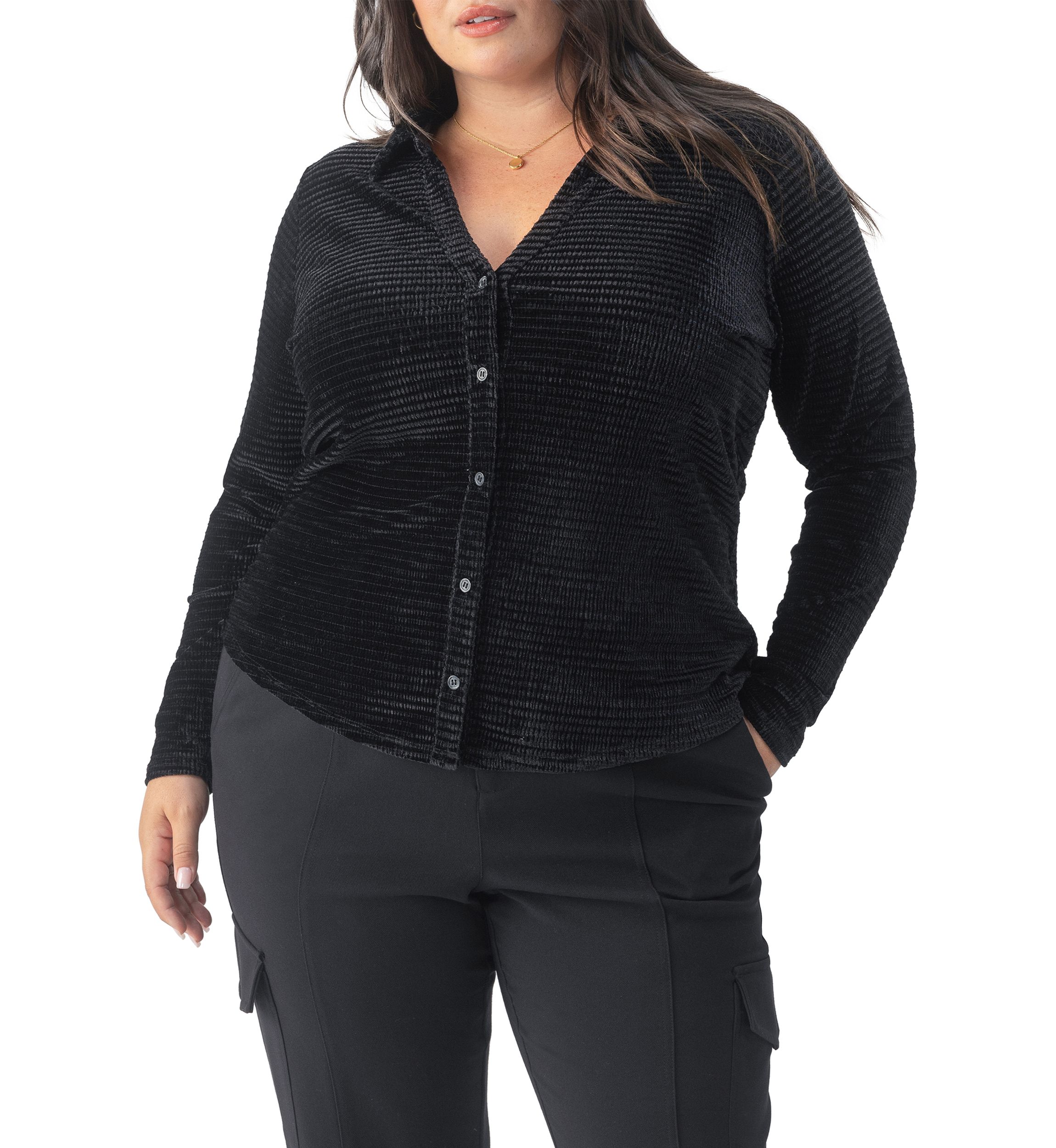 Plus Size Textured Velvet Button Top 