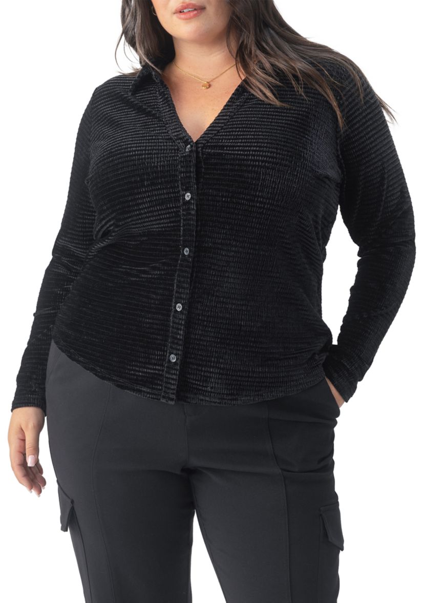 Plus Size Textured Velvet Button Top 