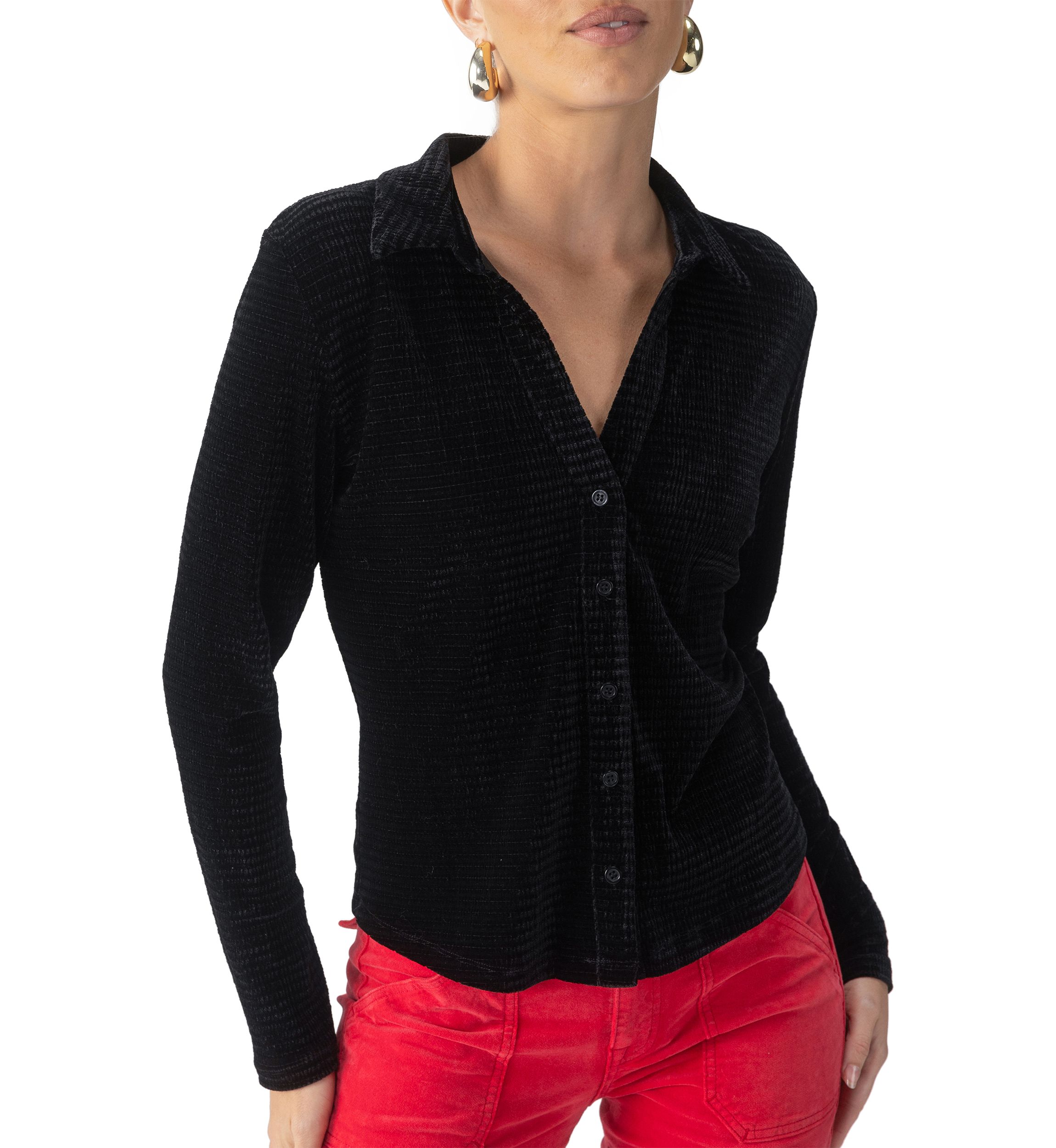 Womens Textured Velvet Button Top 