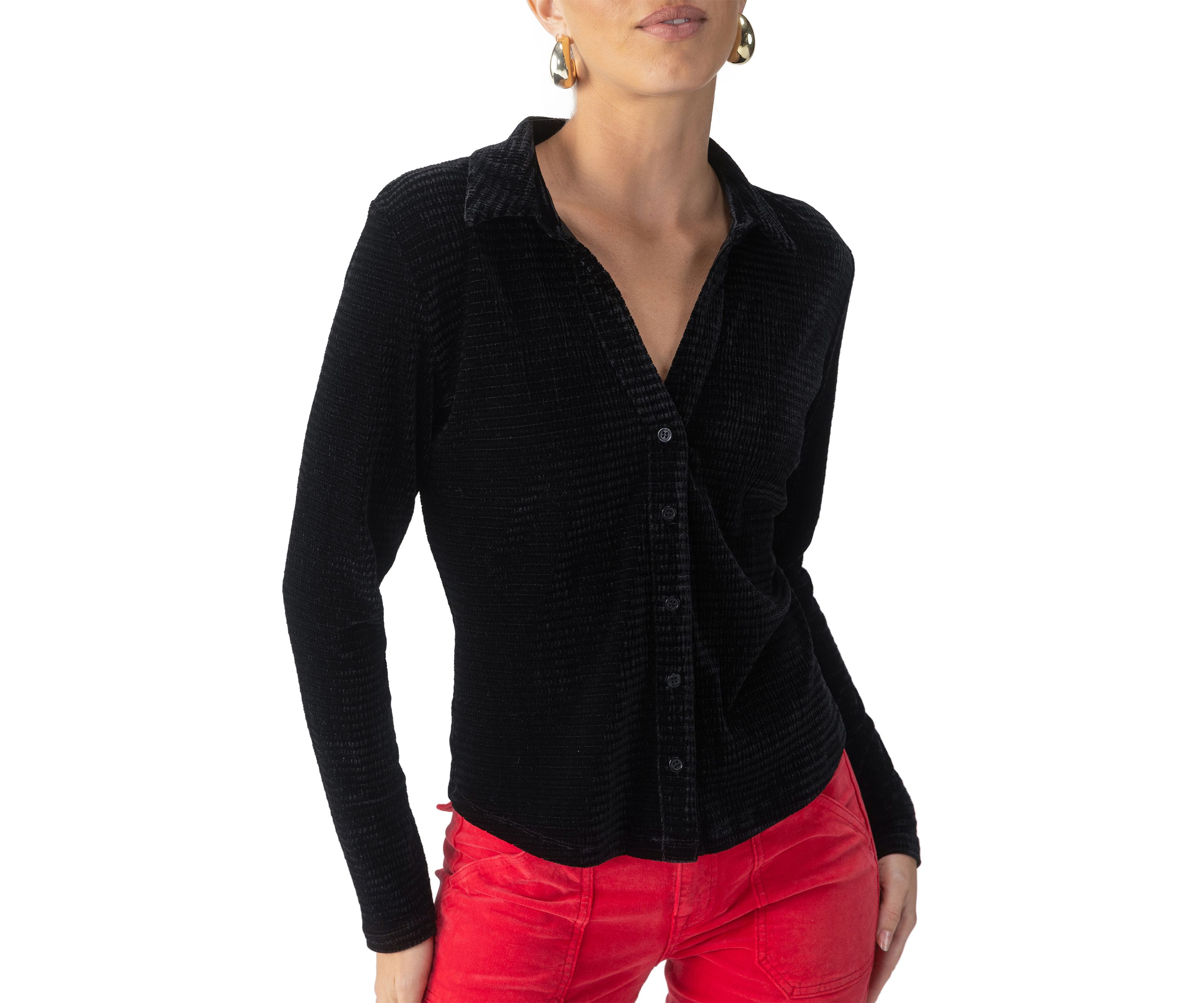 Womens Textured Velvet Button Top 