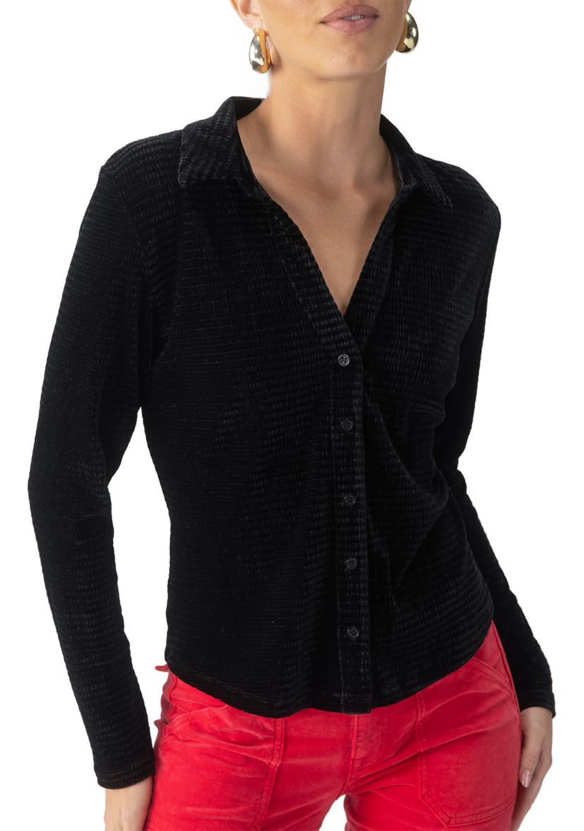 Womens Textured Velvet Button Top 