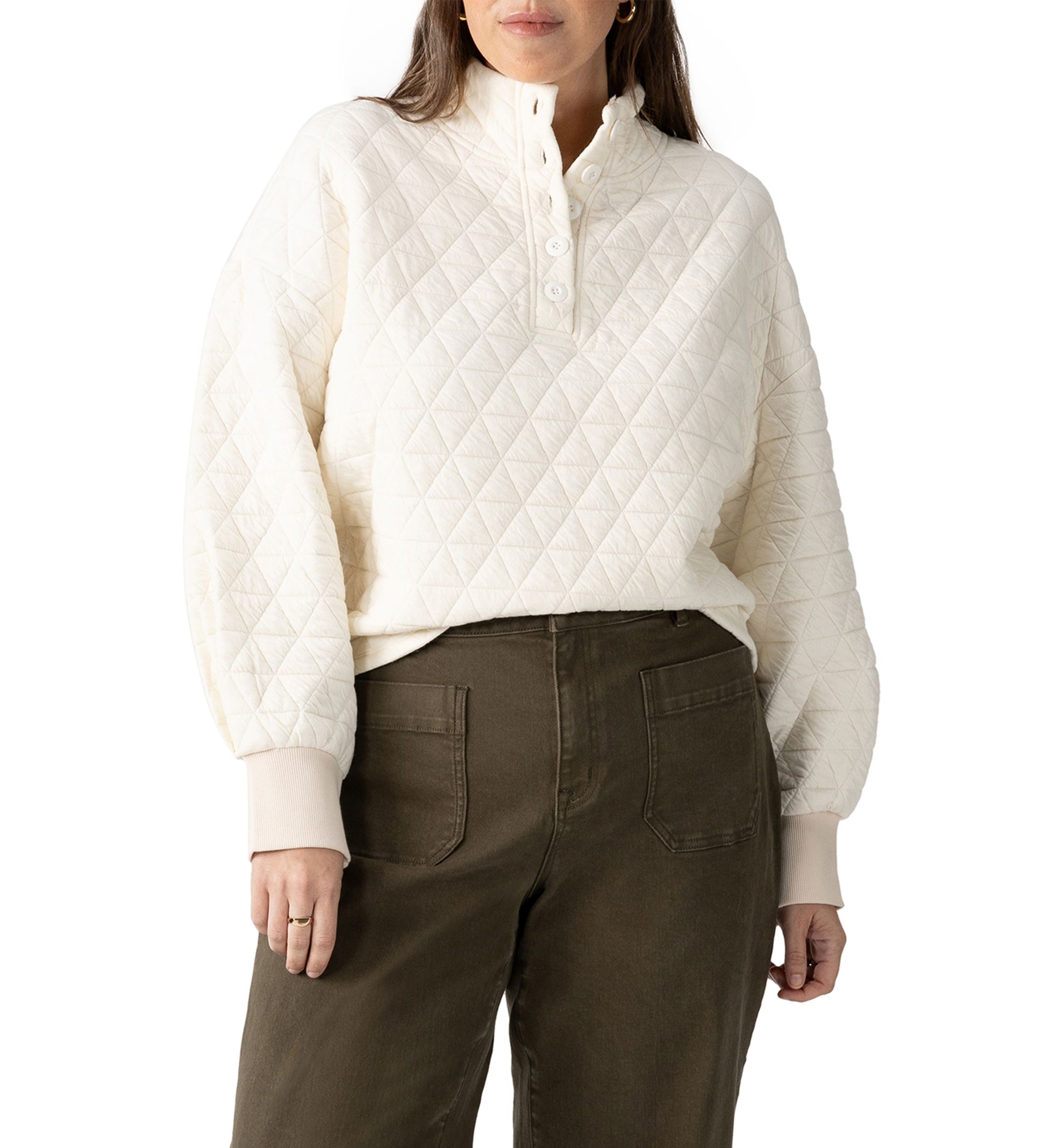Plus Size Quilted Button Up Popover Sweatshirt
