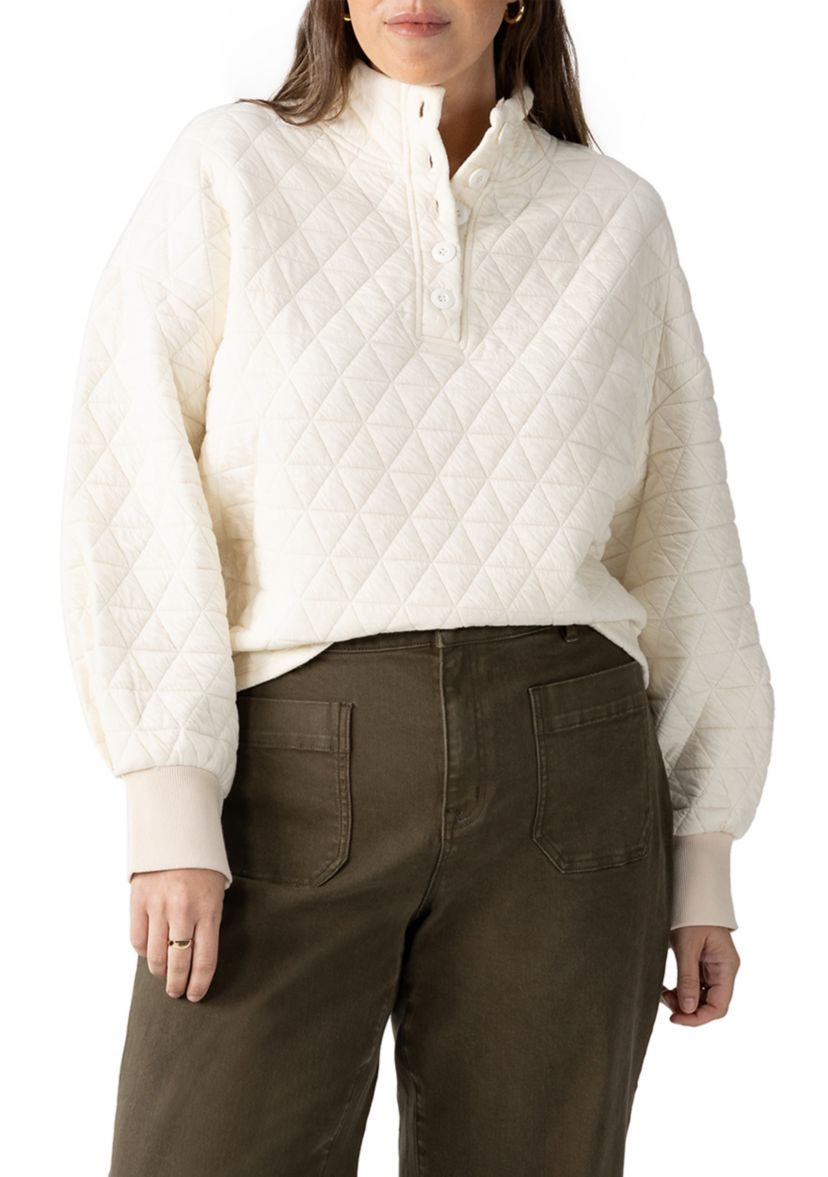 Plus Size Quilted Button Up Popover Sweatshirt