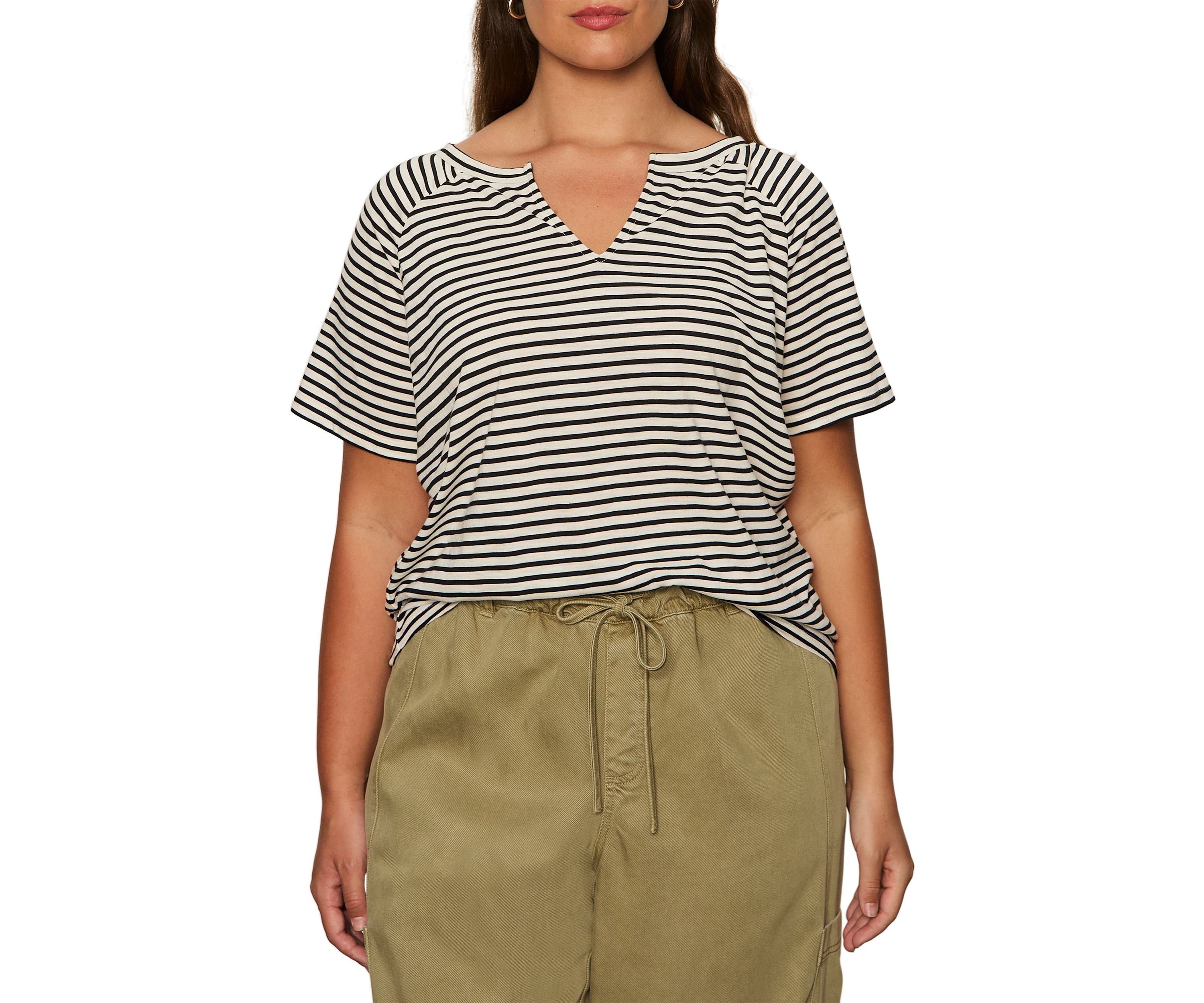 Plus Size Stripe Split Neck T-Shirt
