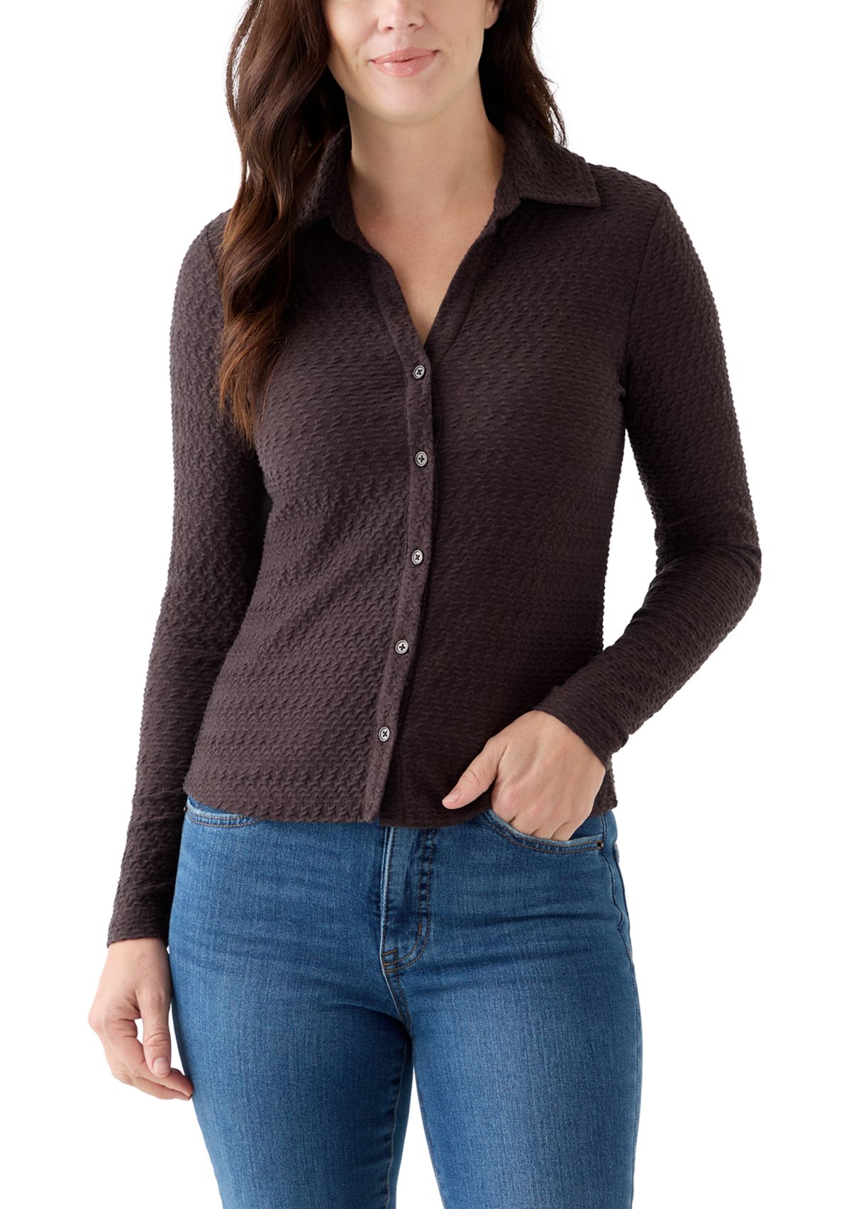 Womens Dreamgirl Textured Knit Button Up Top