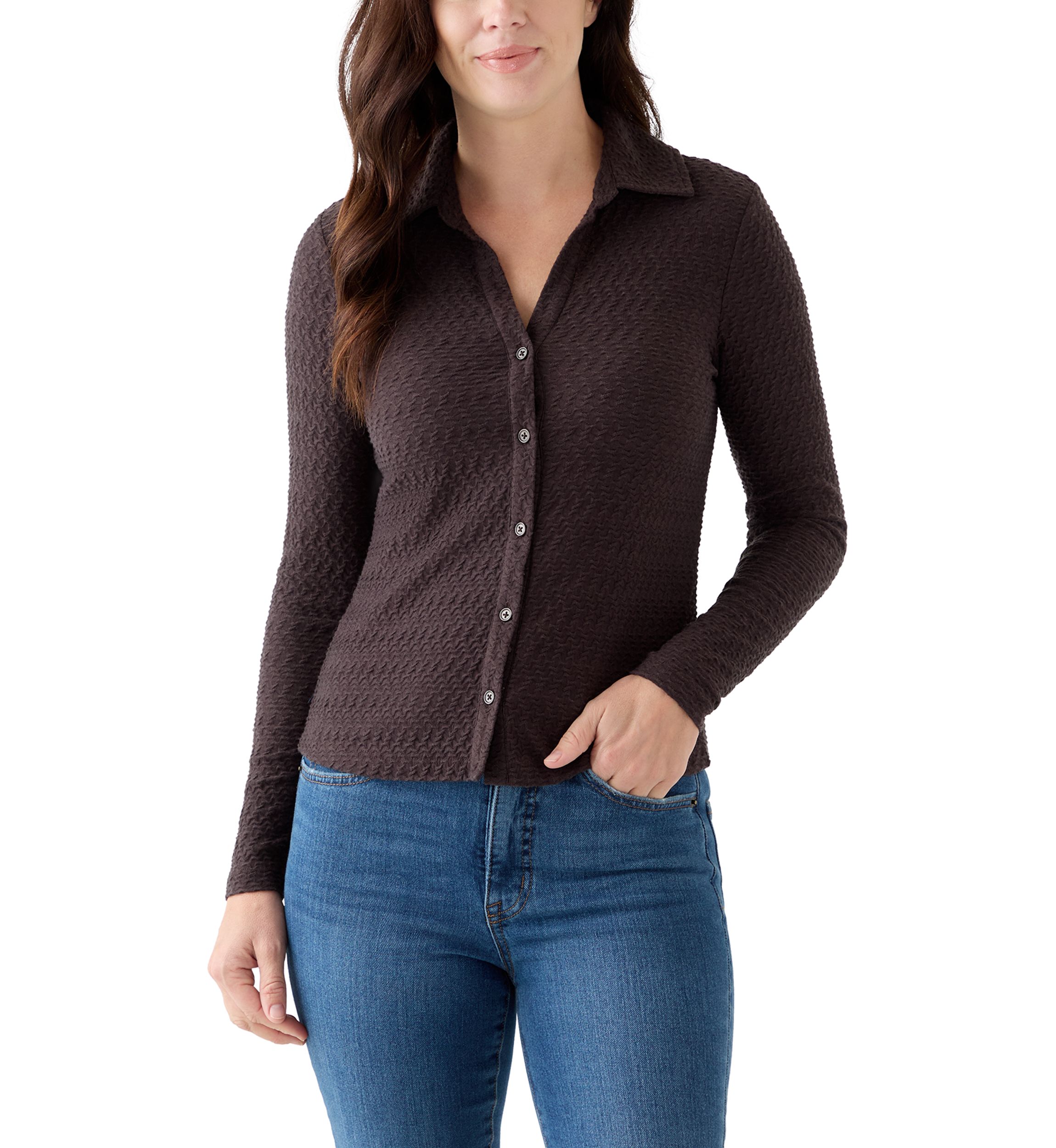 Womens Dreamgirl Textured Knit Button Up Top