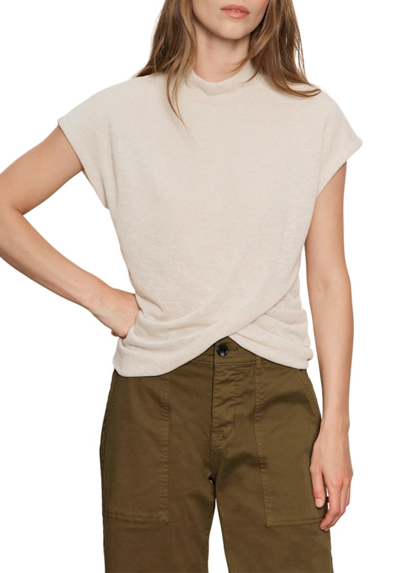 Womens Draped Sleeveless Mock Neck Top