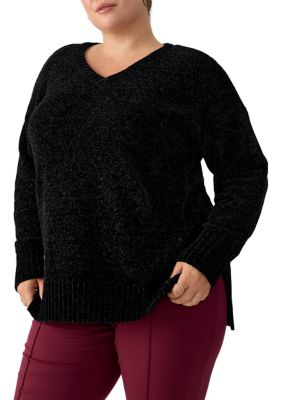 Sanctuary Women's Plus Size Ribbed V-Neck Chenille Sweater, Black, 3X