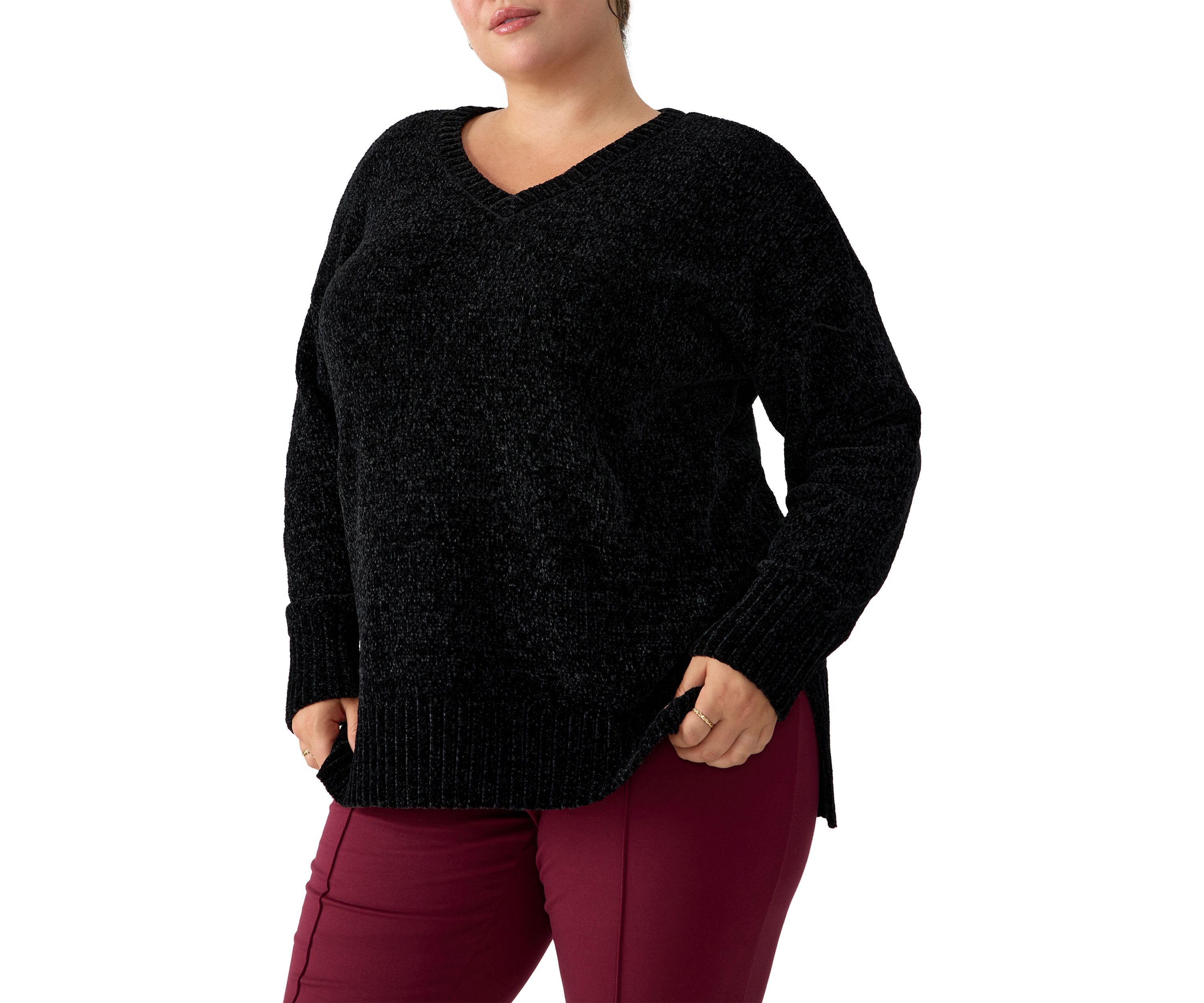 Plus Size Ribbed V-Neck Chenille Sweater