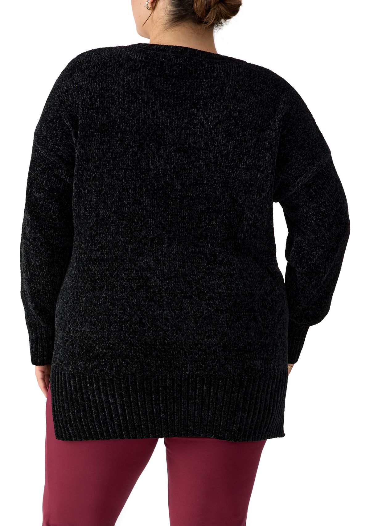 Plus Size Ribbed V-Neck Chenille Sweater