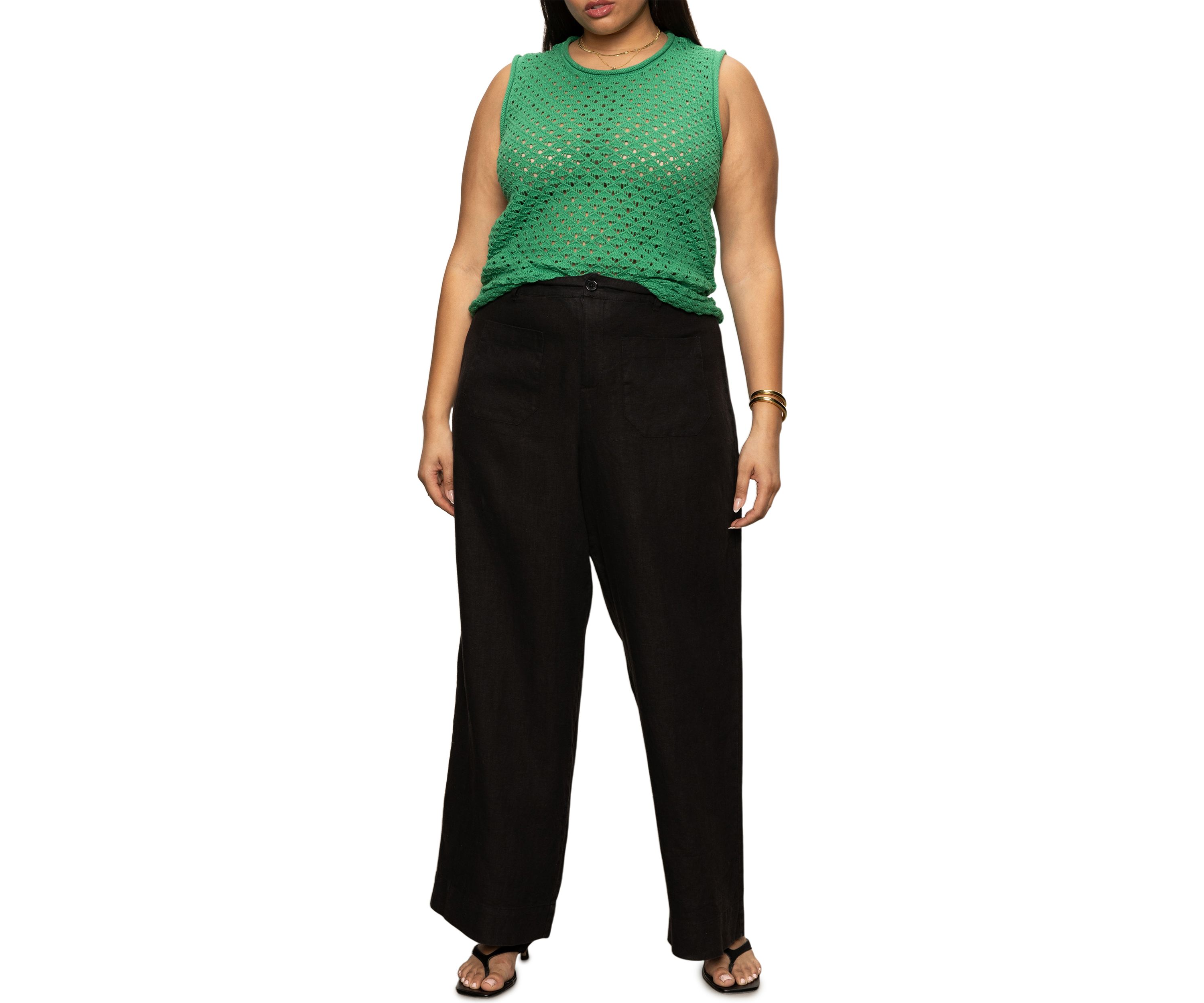 Plus Size Open Stitch Shell Top with Rolled Hem Detail