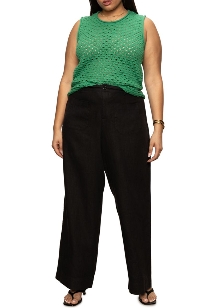 Plus Size Open Stitch Shell Top with Rolled Hem Detail