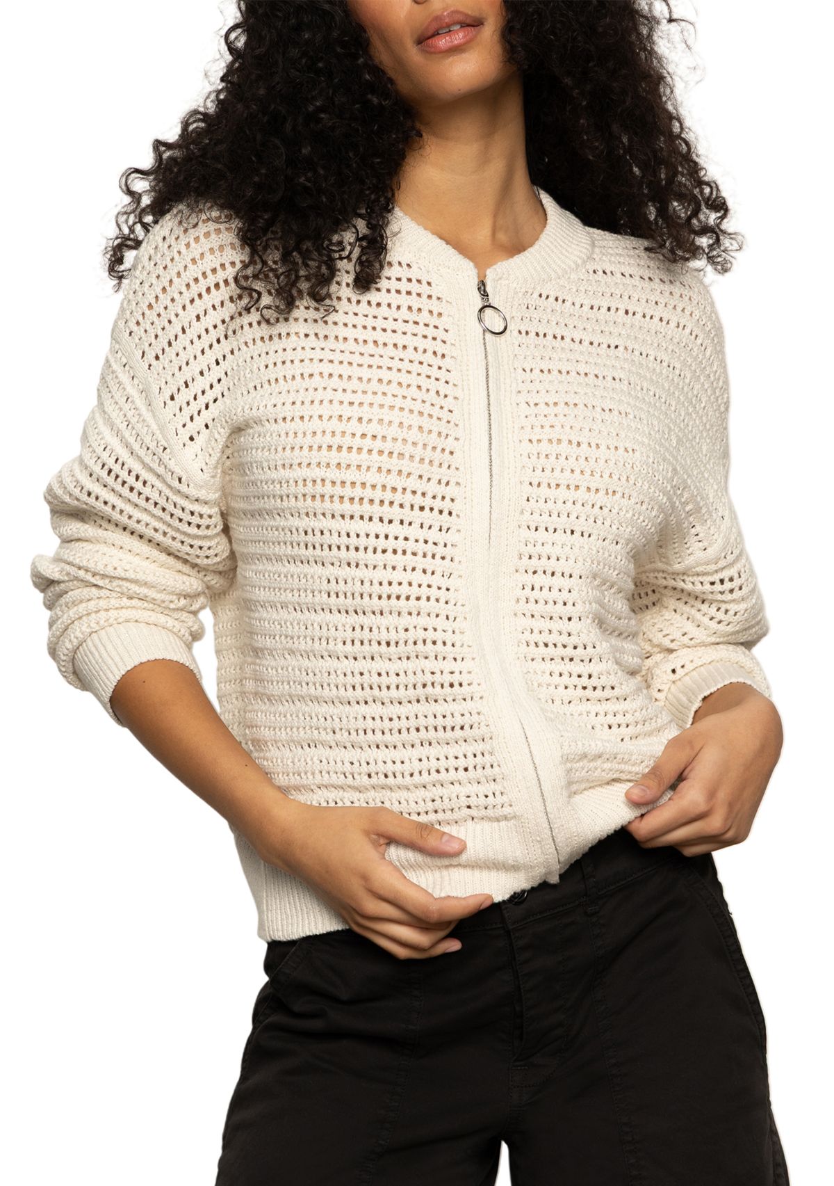 Womens Open Knit Bomber Cardigan 