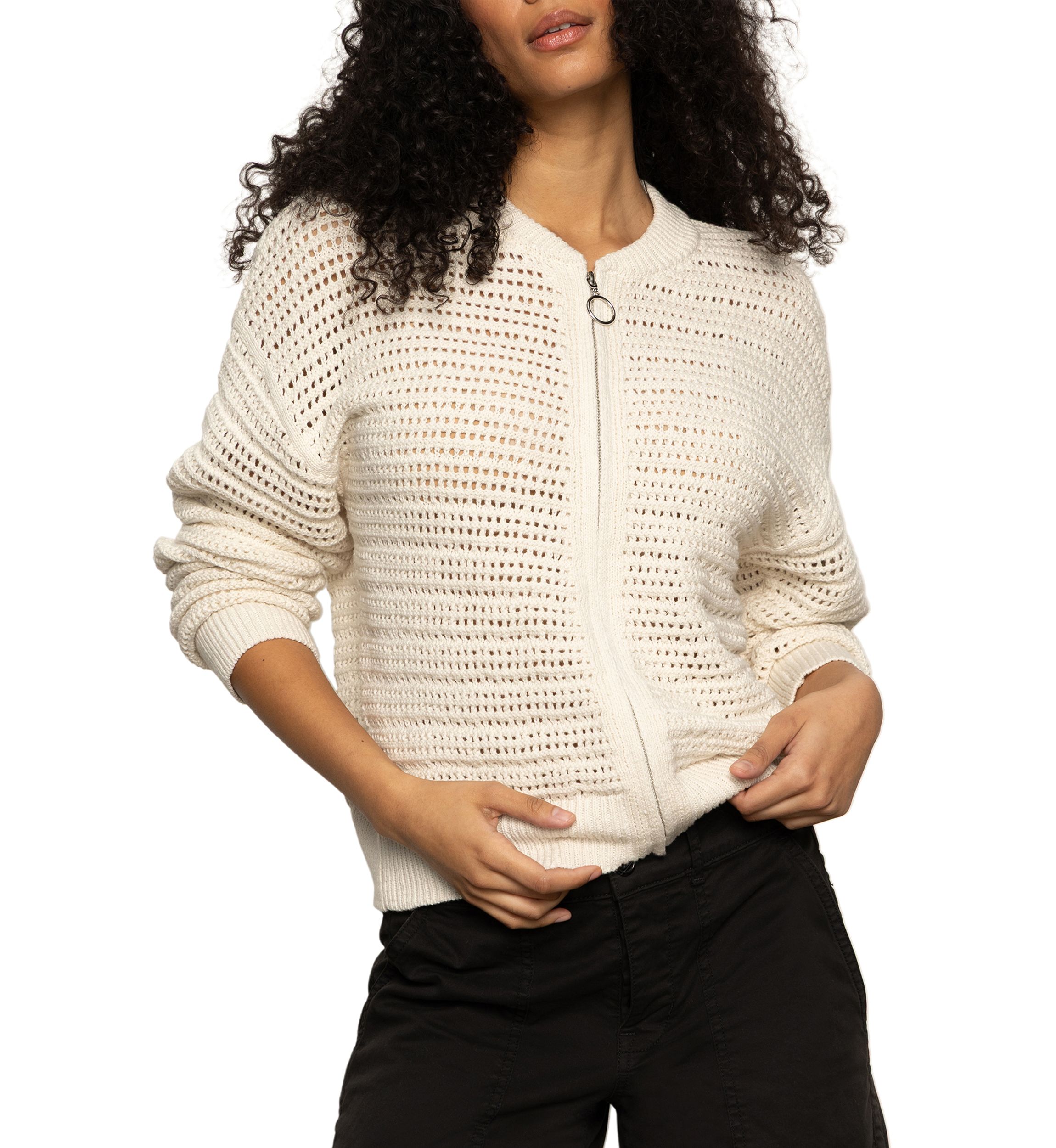 Womens Open Knit Bomber Cardigan 