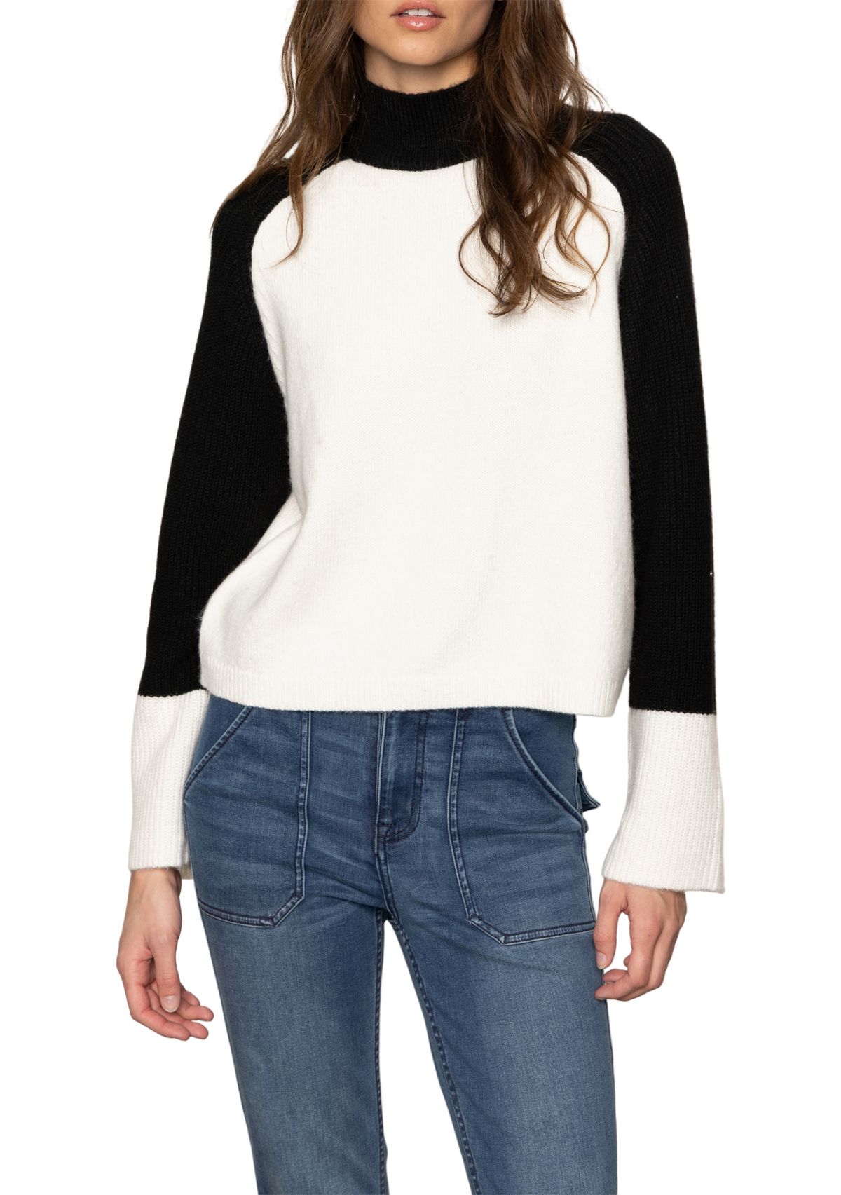Womens Long Sleeve Two-Tone Mock Neck Downtown Sweater
