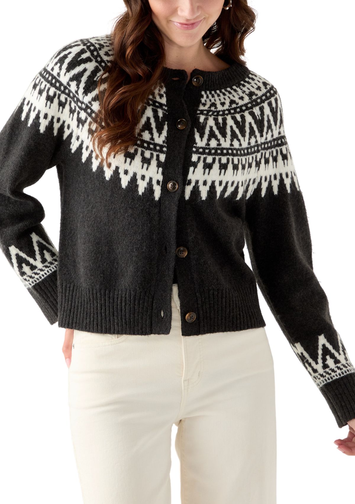 Womens Fair Isle Crew Neck Cardigan