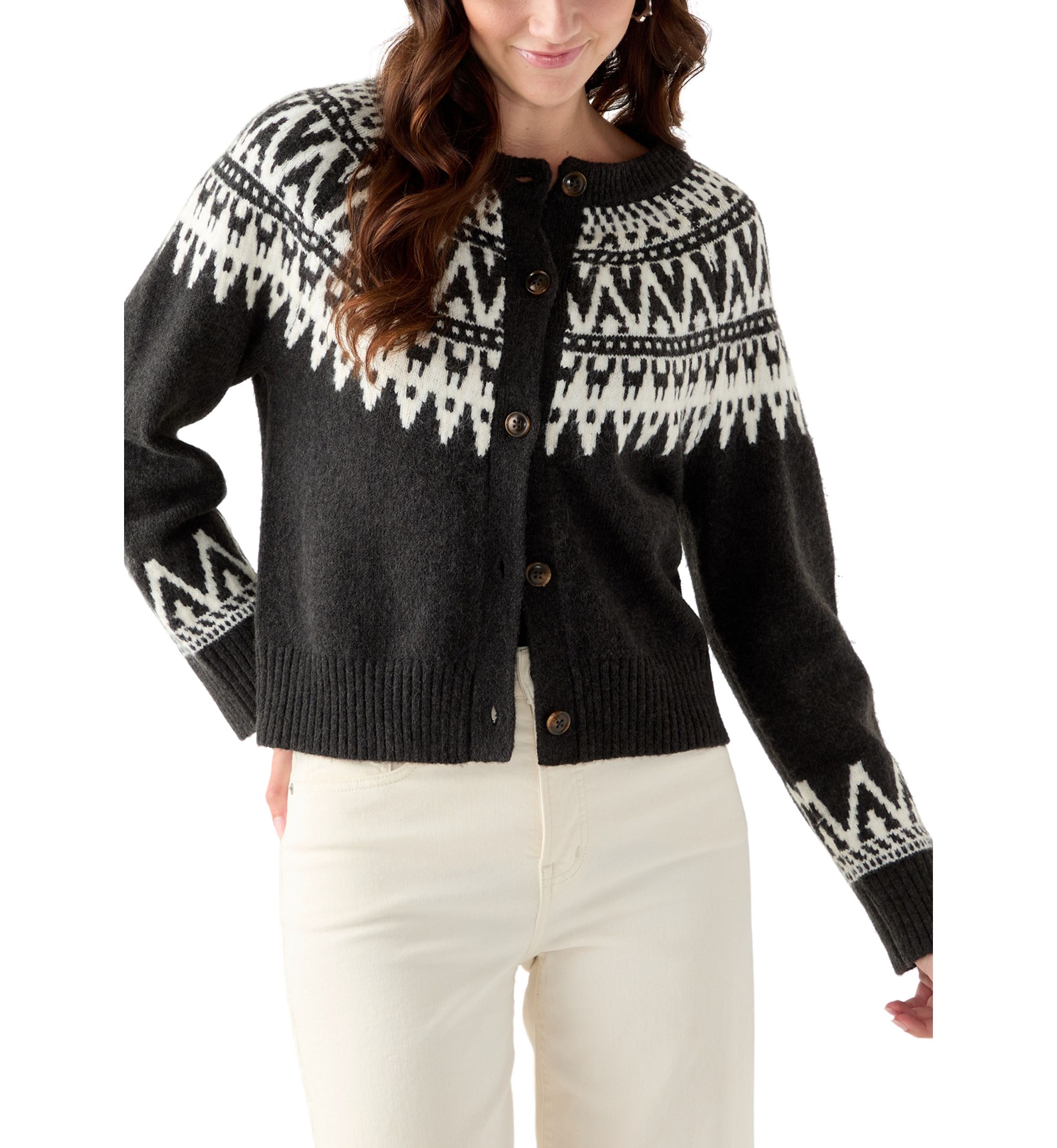 Womens Fair Isle Crew Neck Cardigan