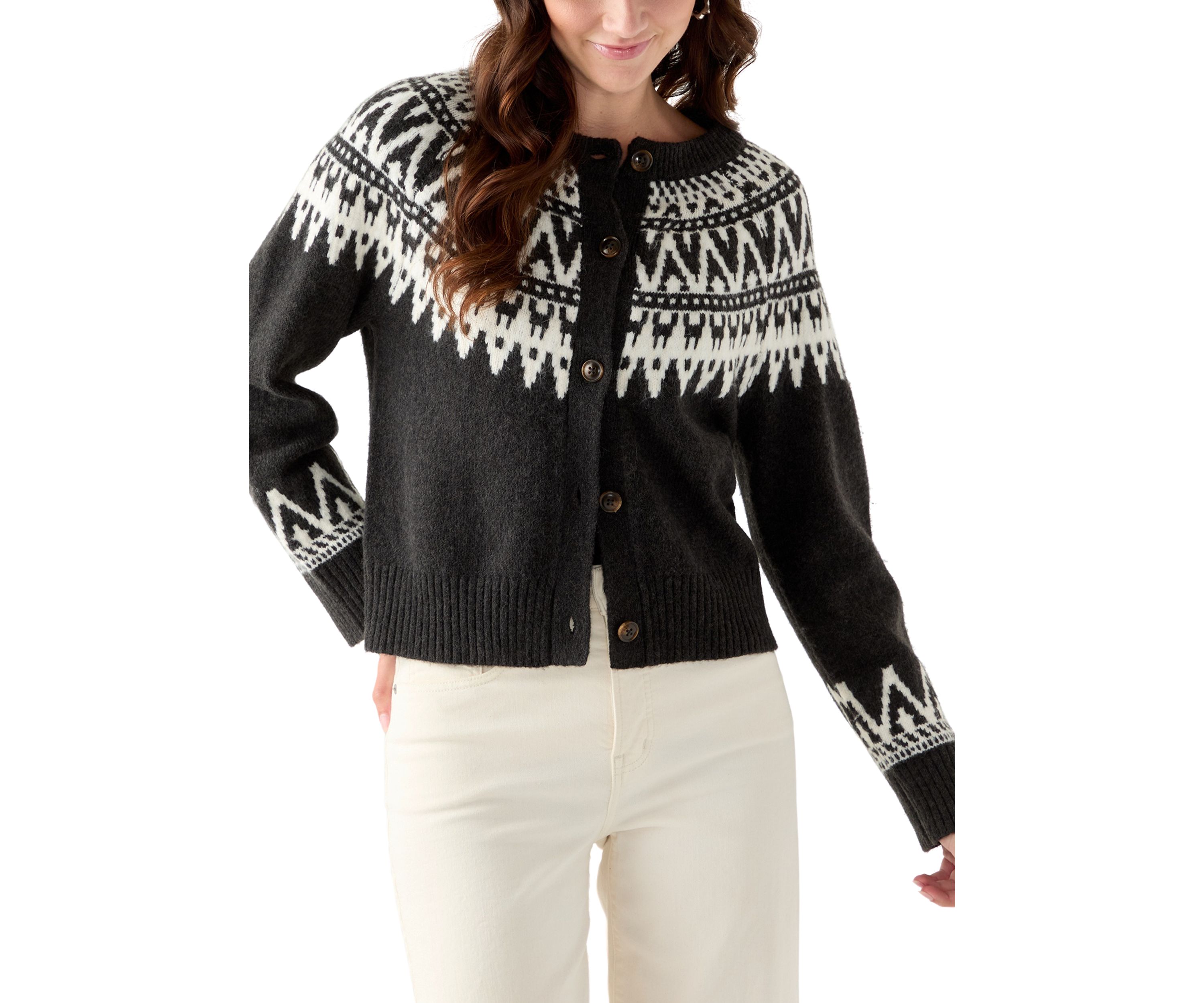 Womens Fair Isle Crew Neck Cardigan