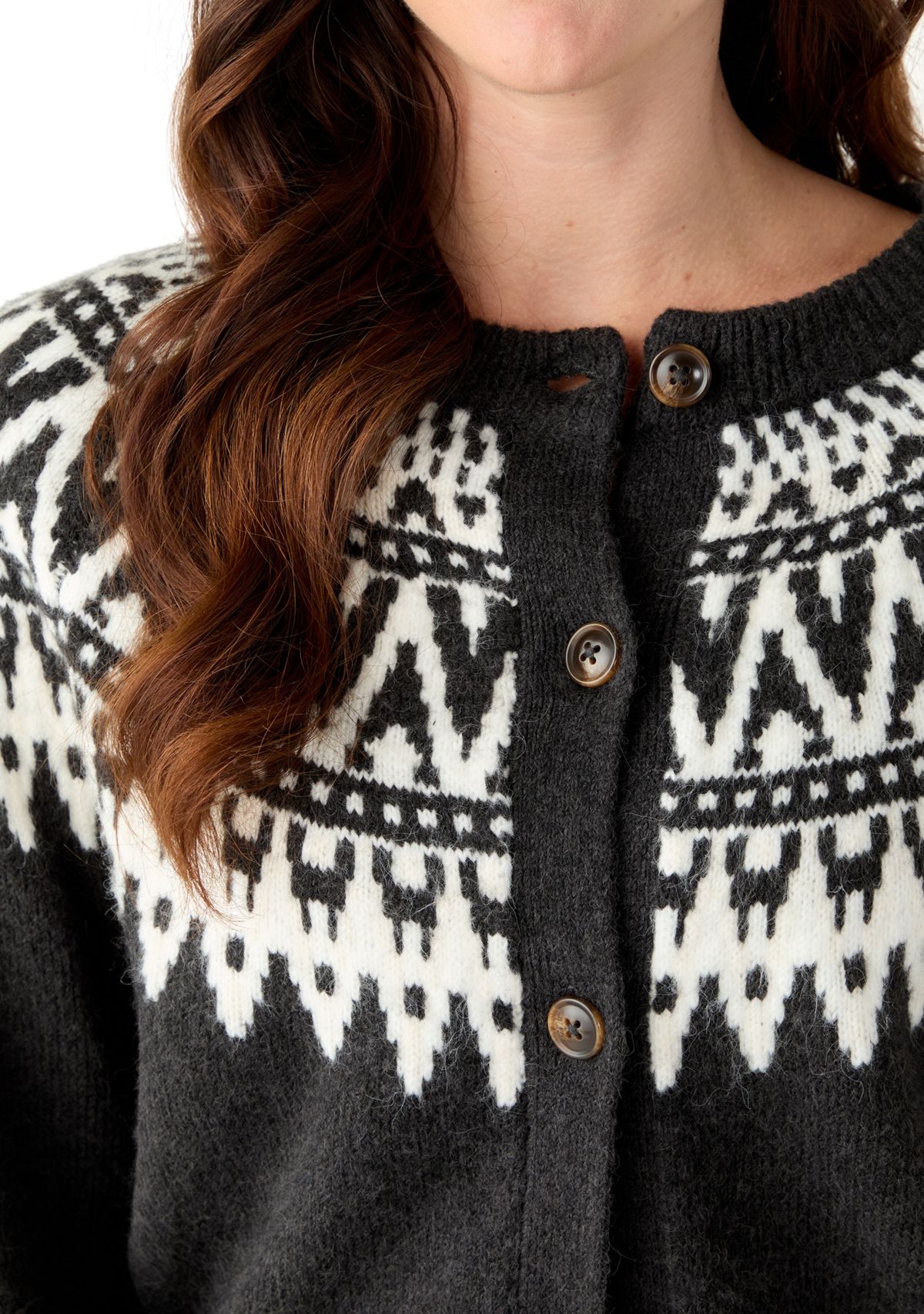 Womens Fair Isle Crew Neck Cardigan