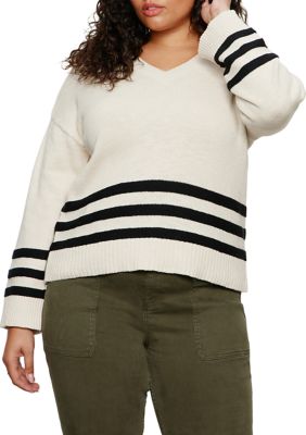 Sanctuary Women's Plus Size Classic Striped V-Neck Sweater
