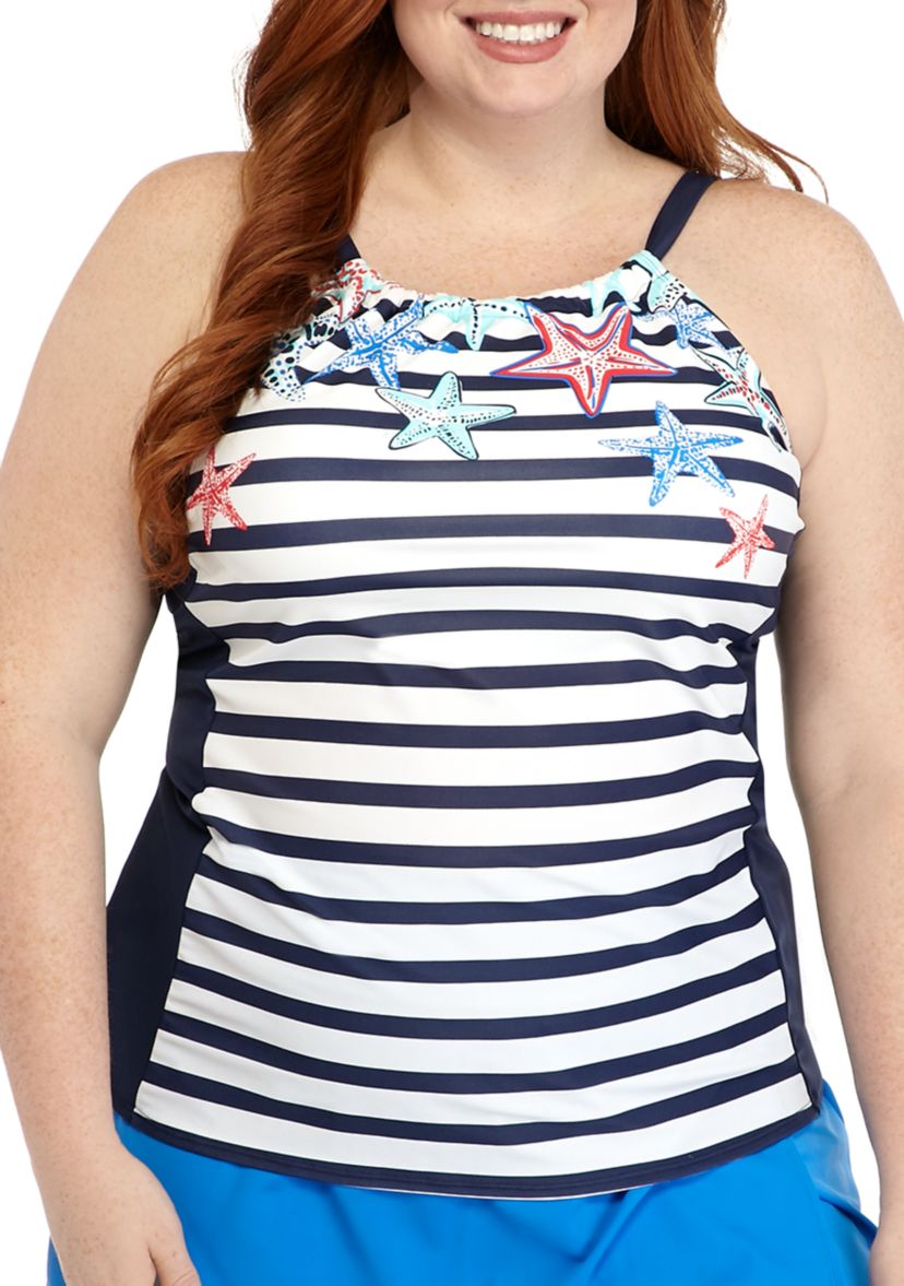 Plus Size Stripe Starfish High Neck Tankini Swim Top