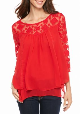 New Directions Tiered Lace Chiffon Blouse | Belk