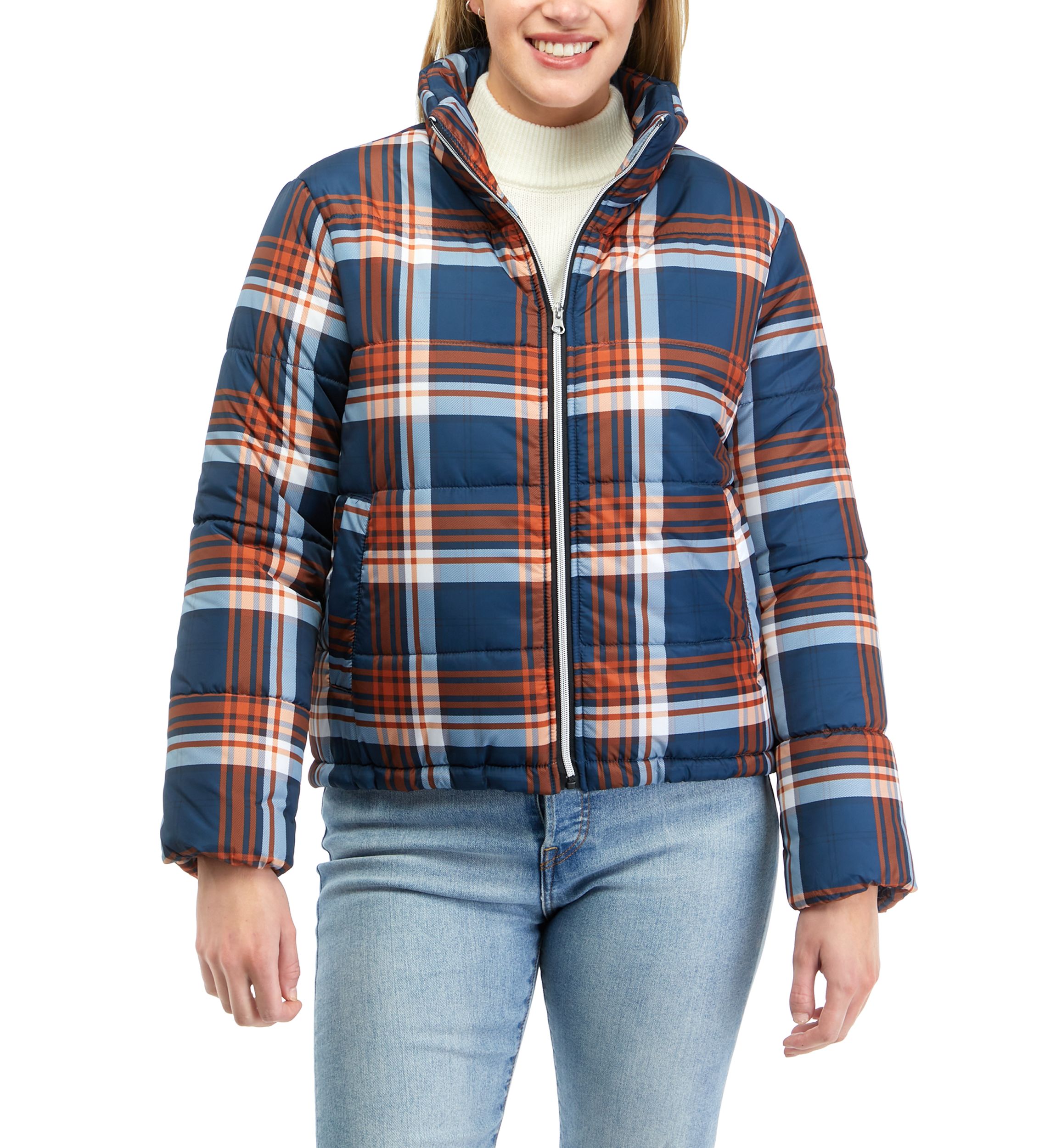 Juniors Plaid Puffer Coat