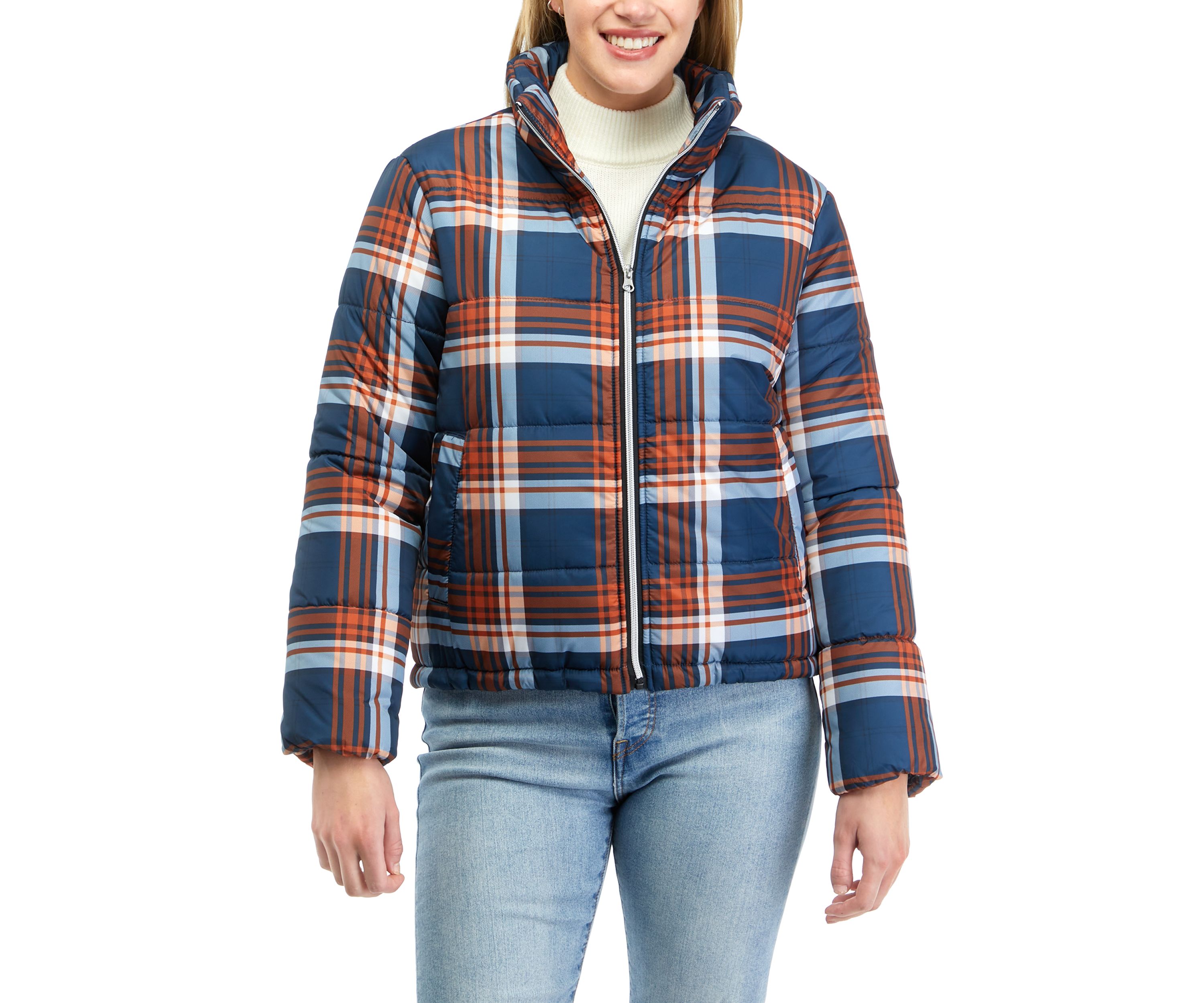 Juniors Plaid Puffer Coat