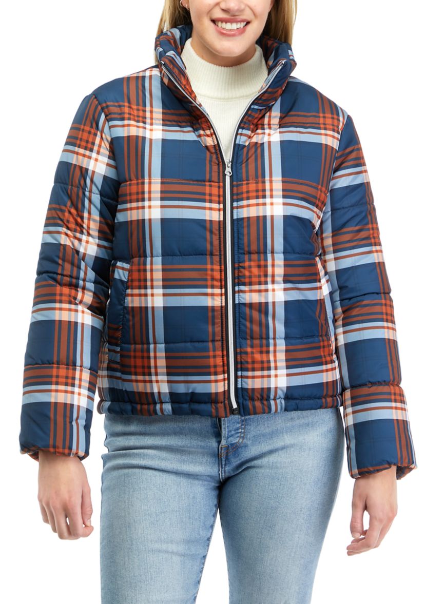 Juniors Plaid Puffer Coat