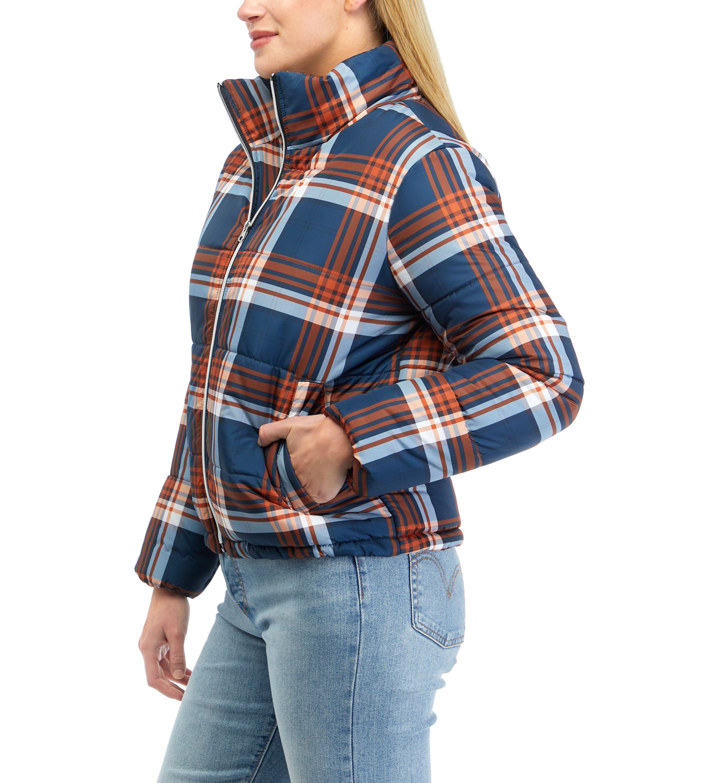 Juniors Plaid Puffer Coat