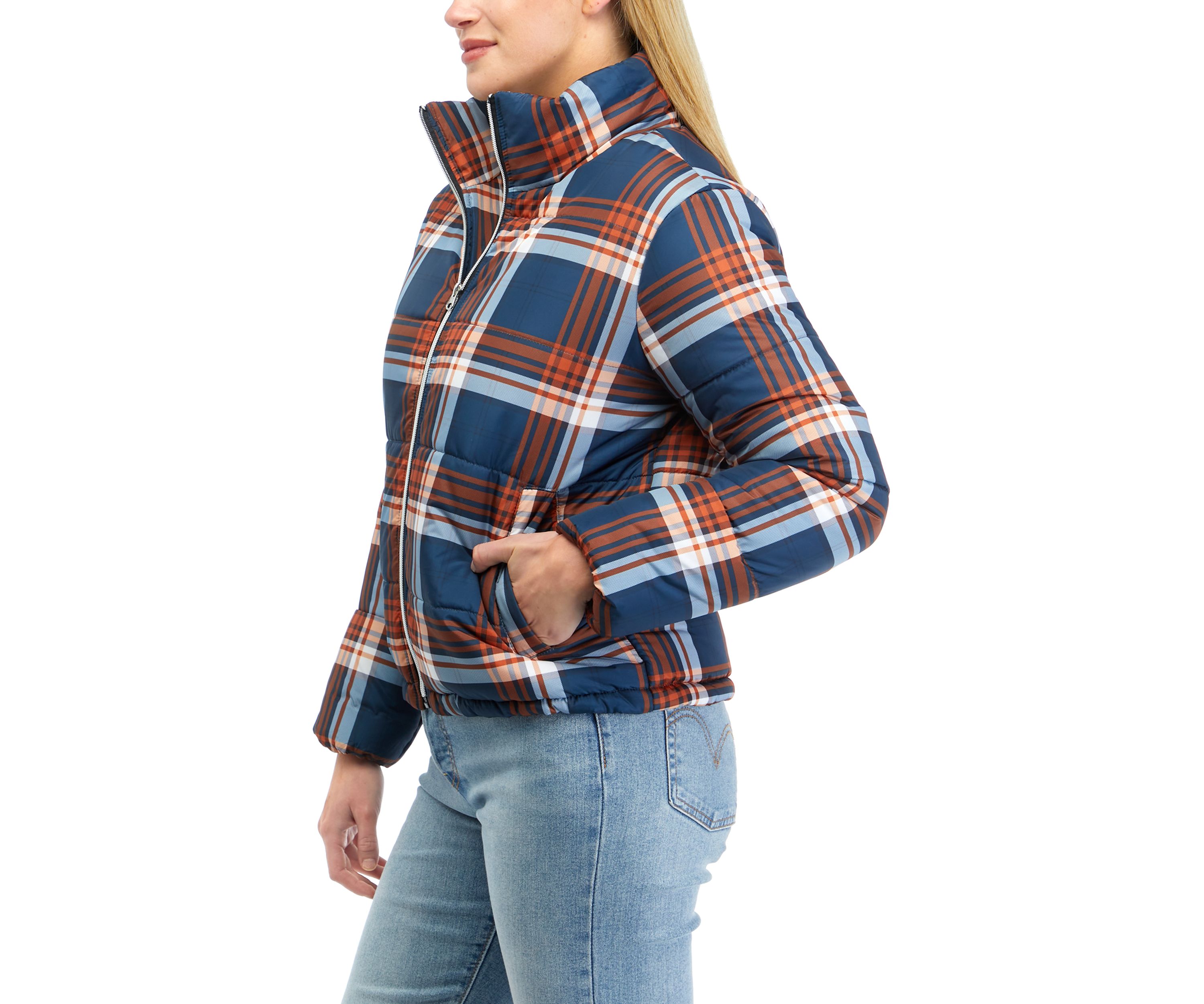 Juniors Plaid Puffer Coat