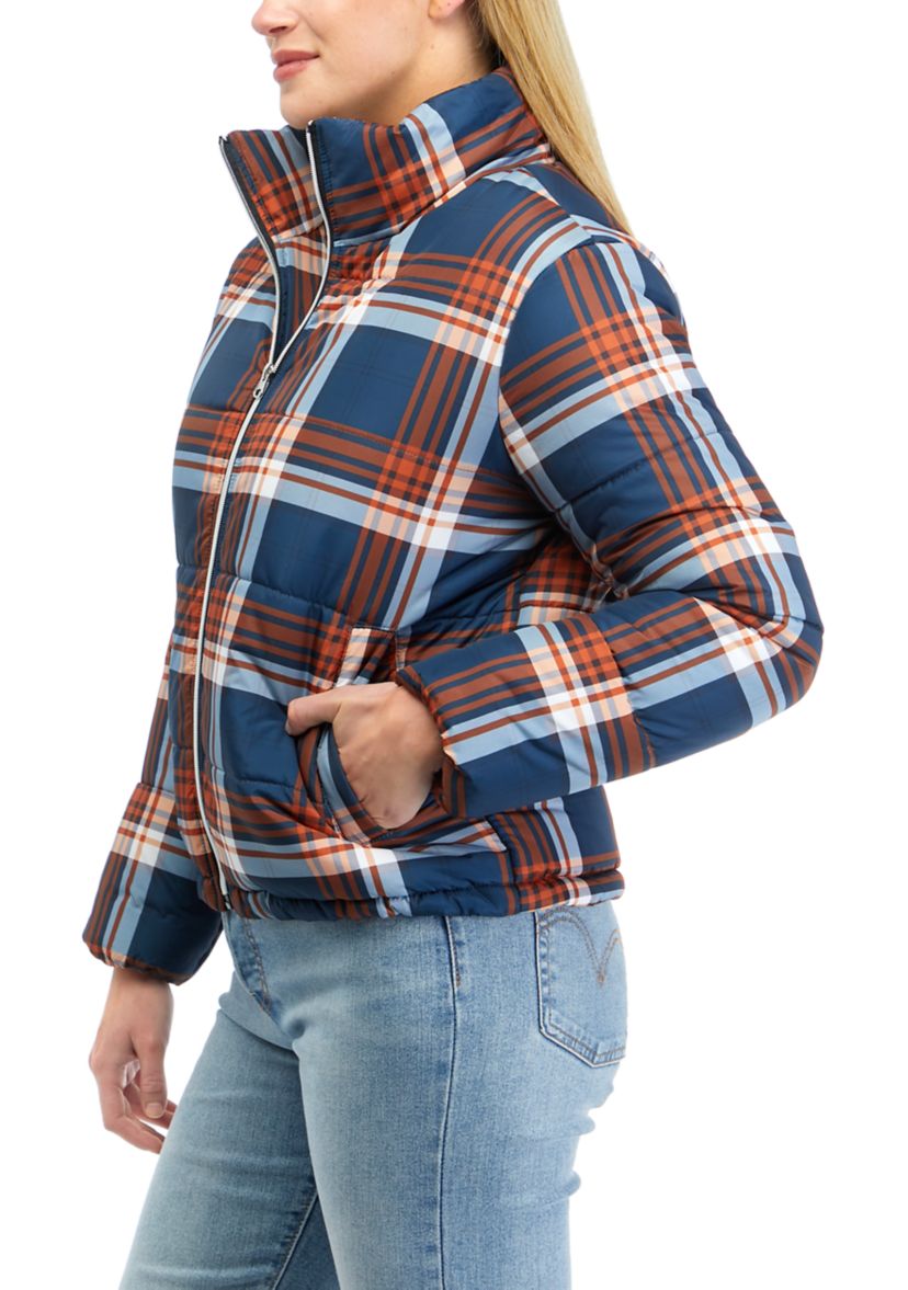 Juniors Plaid Puffer Coat