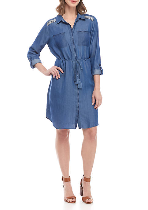 New Directions® Long Roll Tab Sleeve Tie Waist Chambray Button Front Dress