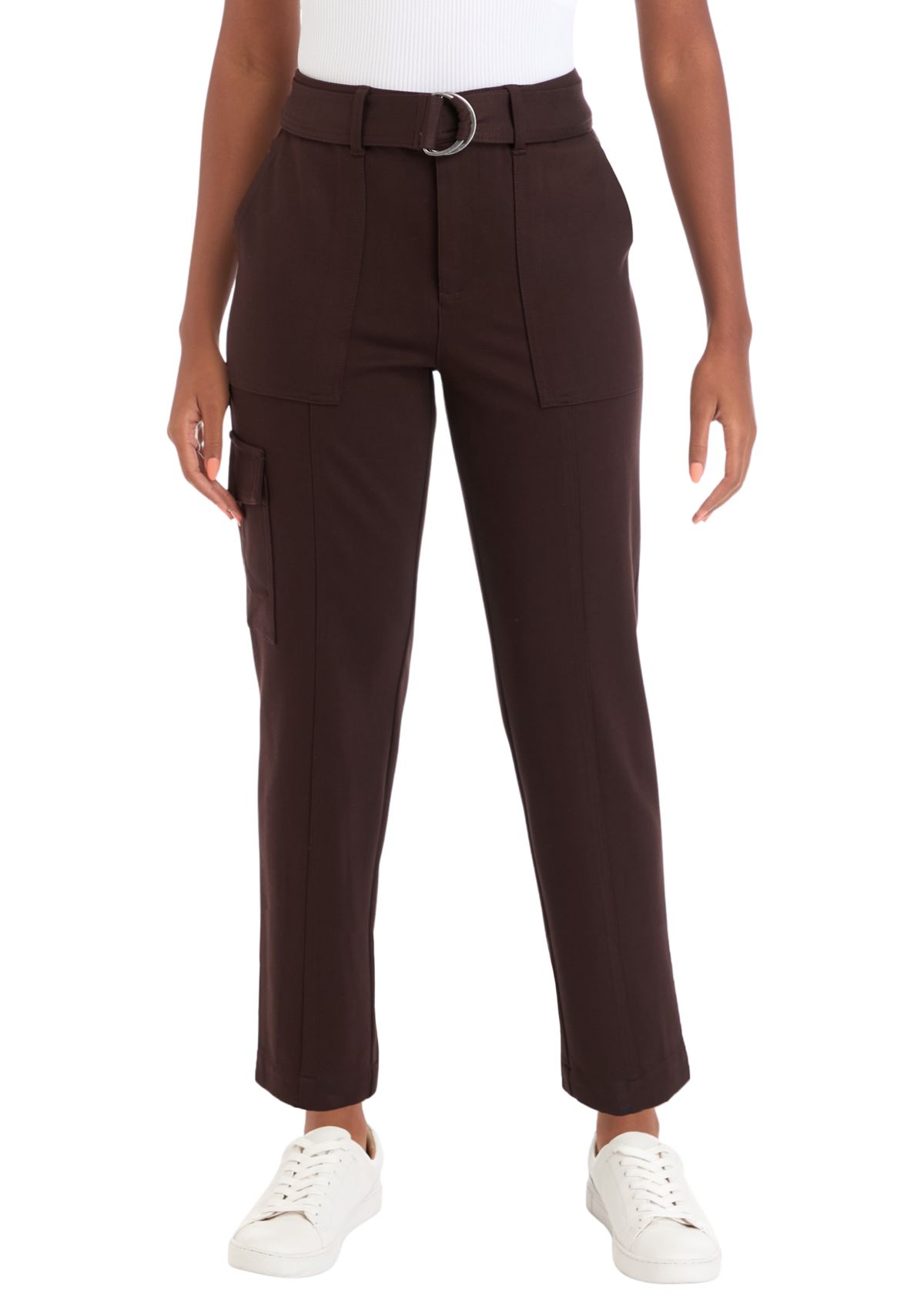 Womens High Rise Belted Straight Ankle Pants
