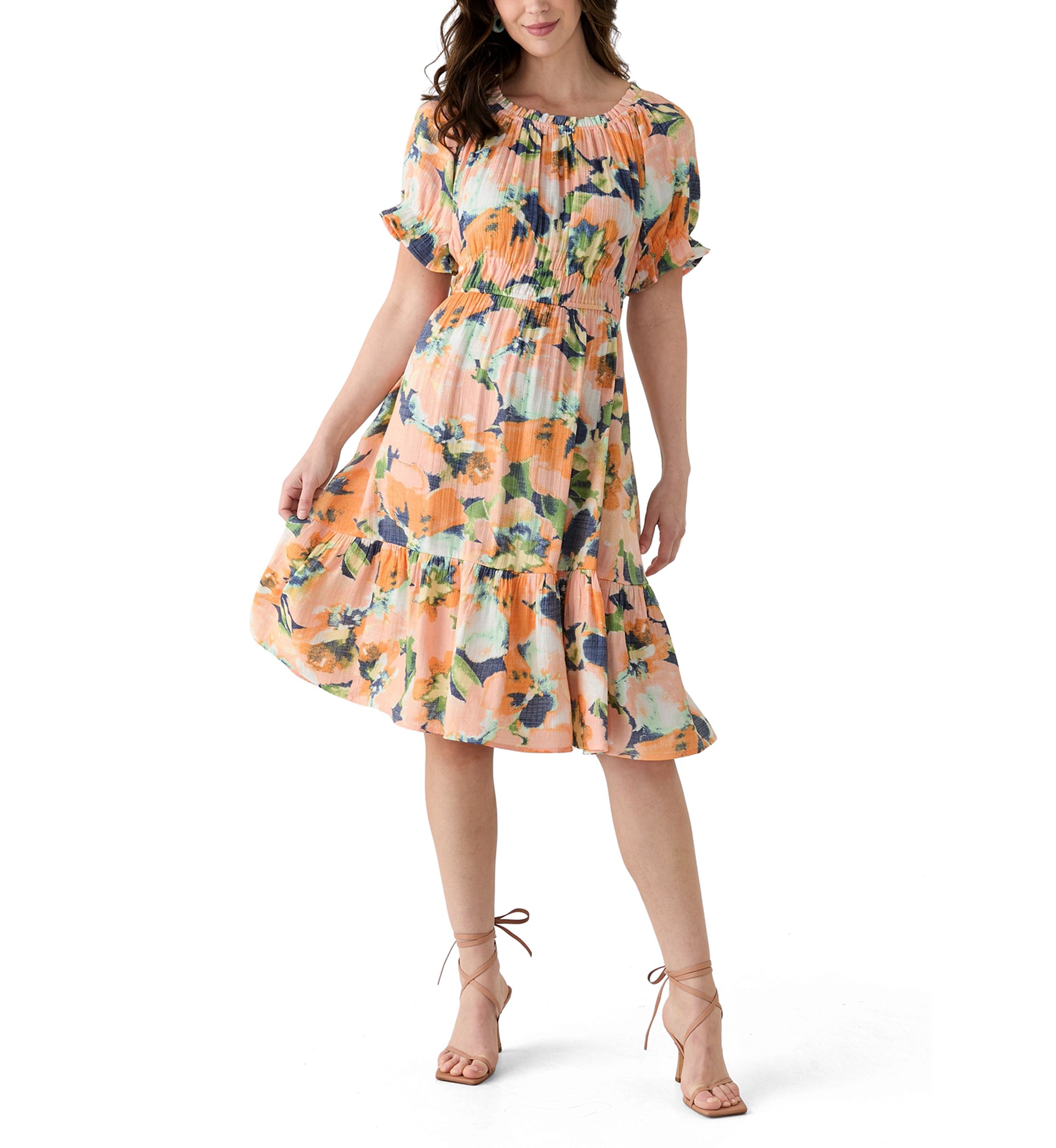 Womens Printed Linen Midi Dress