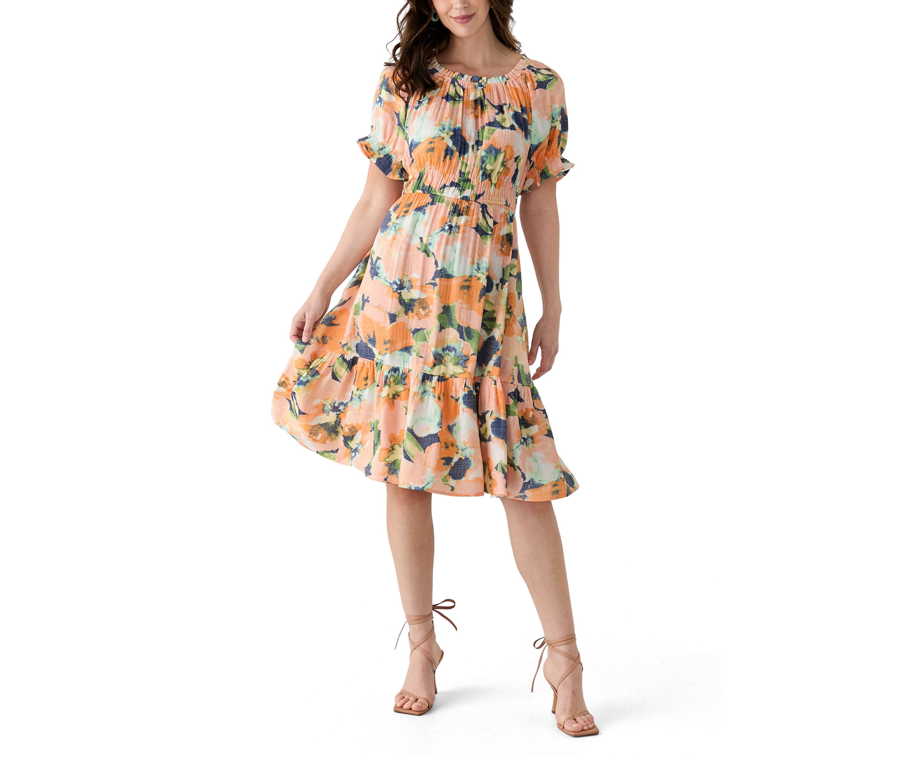 Womens Printed Linen Midi Dress