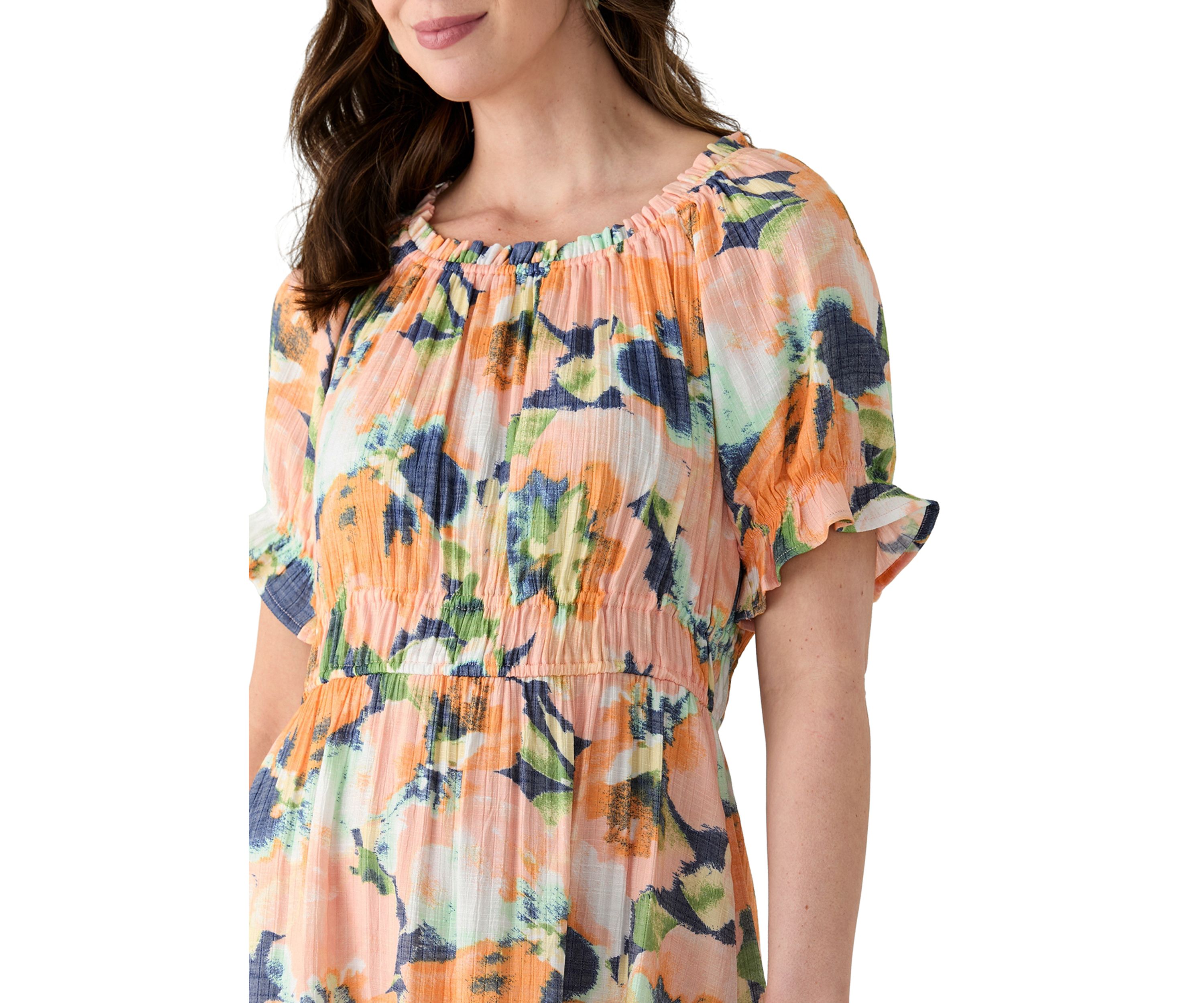 Womens Printed Linen Midi Dress