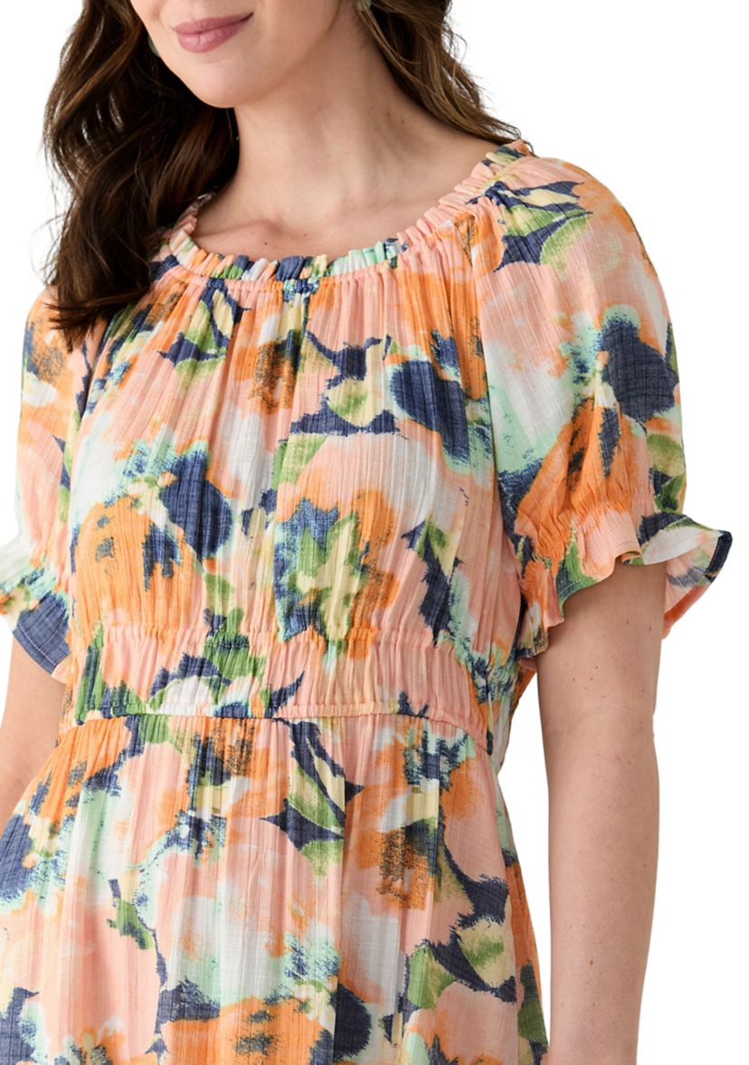 Womens Printed Linen Midi Dress