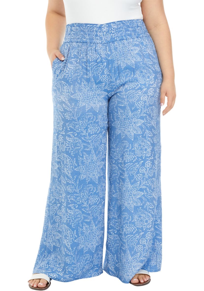 Plus Size Printed Linen Like Pants