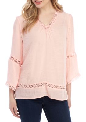 New Directions® 3/4 Sleeve V-Neck Crochet Inset Linen Top | belk