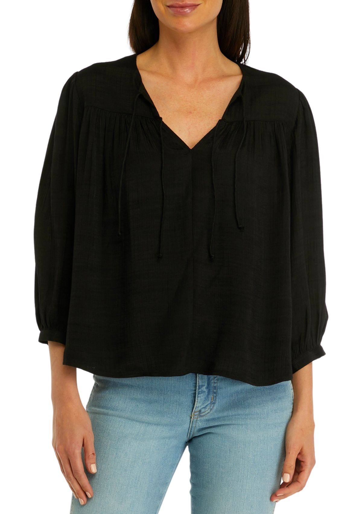 Womens 3/4 Sleeve Linen Like Peasant Blouse