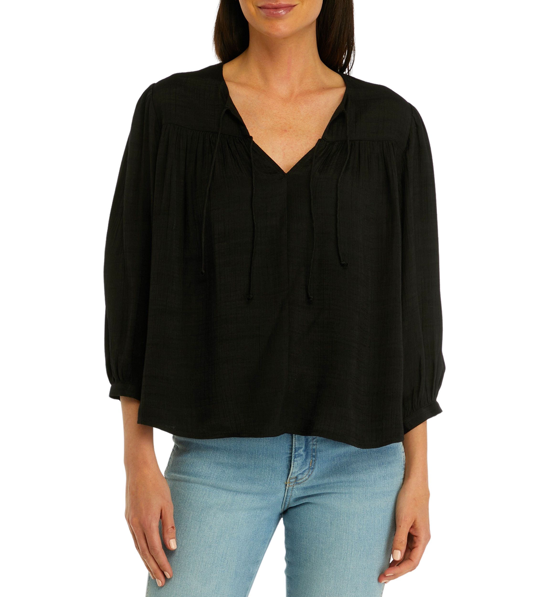 Womens 3/4 Sleeve Linen Like Peasant Blouse