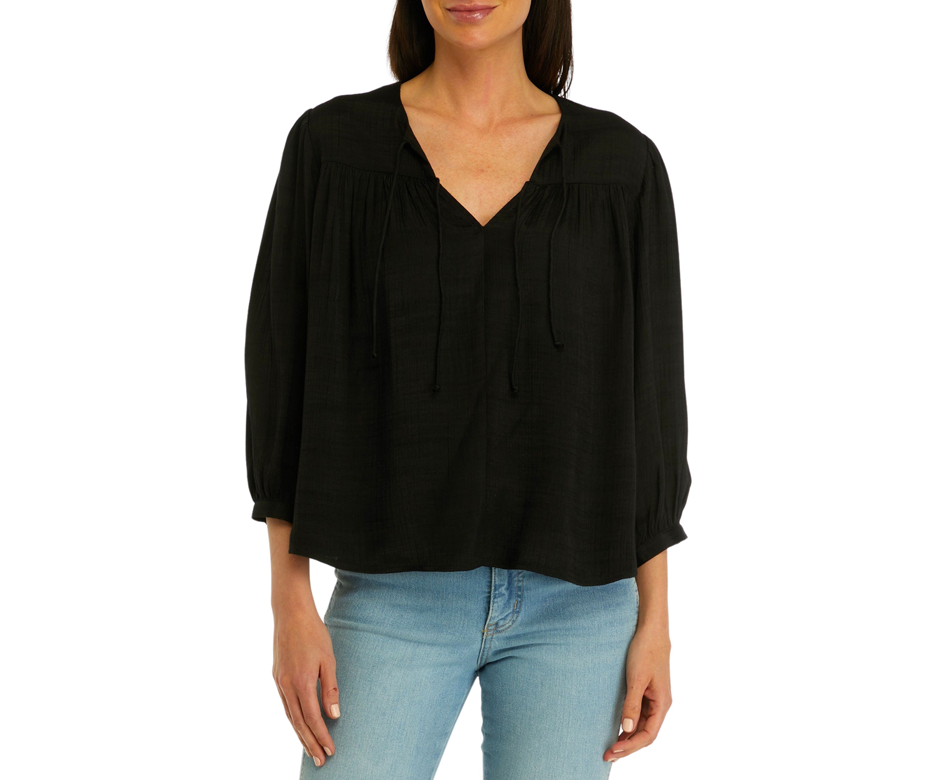 Womens 3/4 Sleeve Linen Like Peasant Blouse